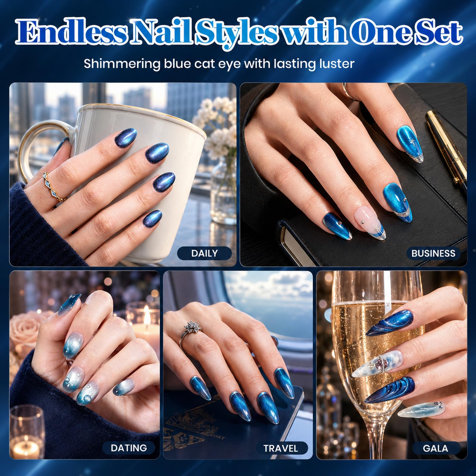 Beetles Blue Hour 6 Colors Cat Eye Gel Nail Polish Set 15ML Full Size Glass Cat Eye Magnetic Effect
