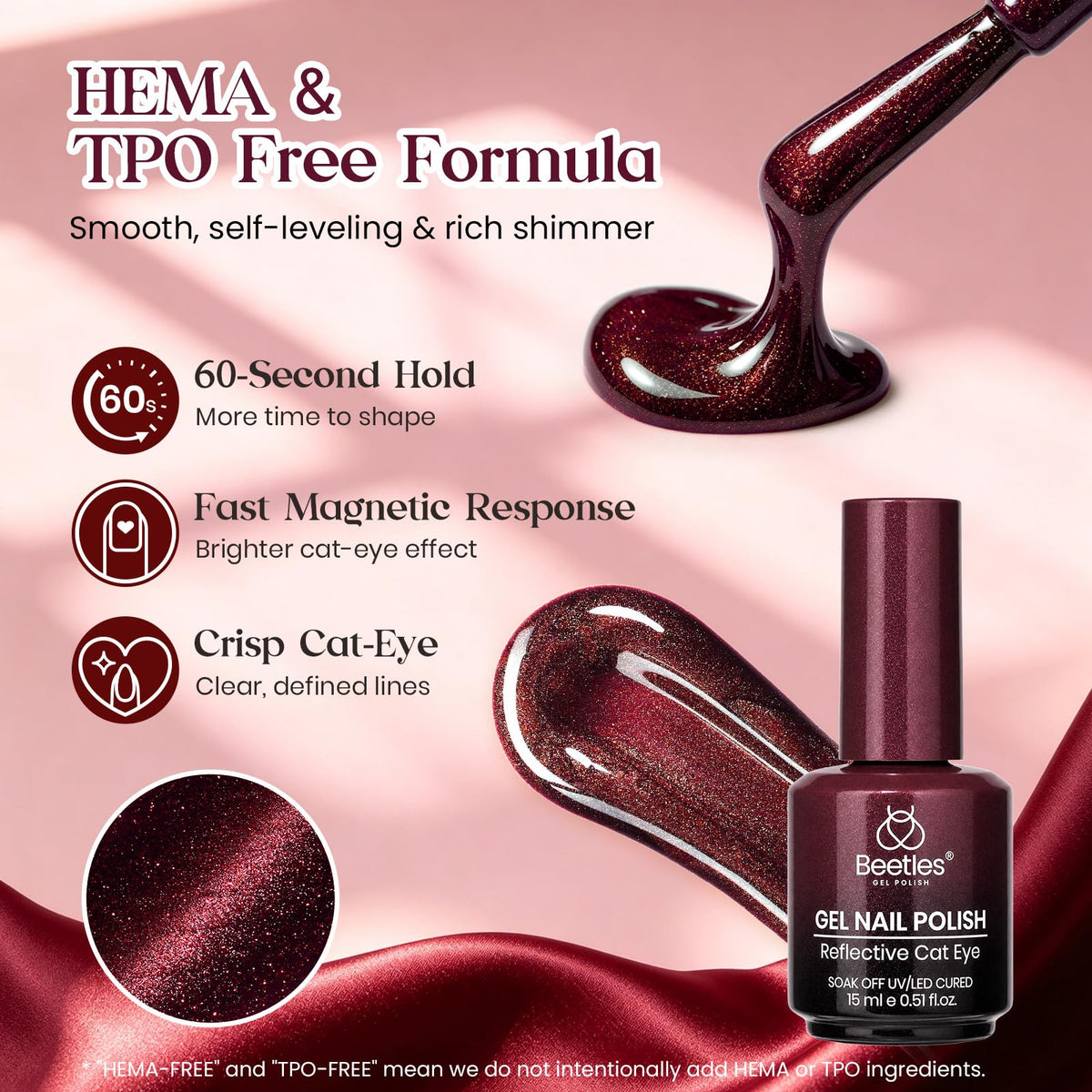 Beetles Burgundy Red Cat Eye Gel Polish Wine Glow 15ml Magnetic Nail Gel