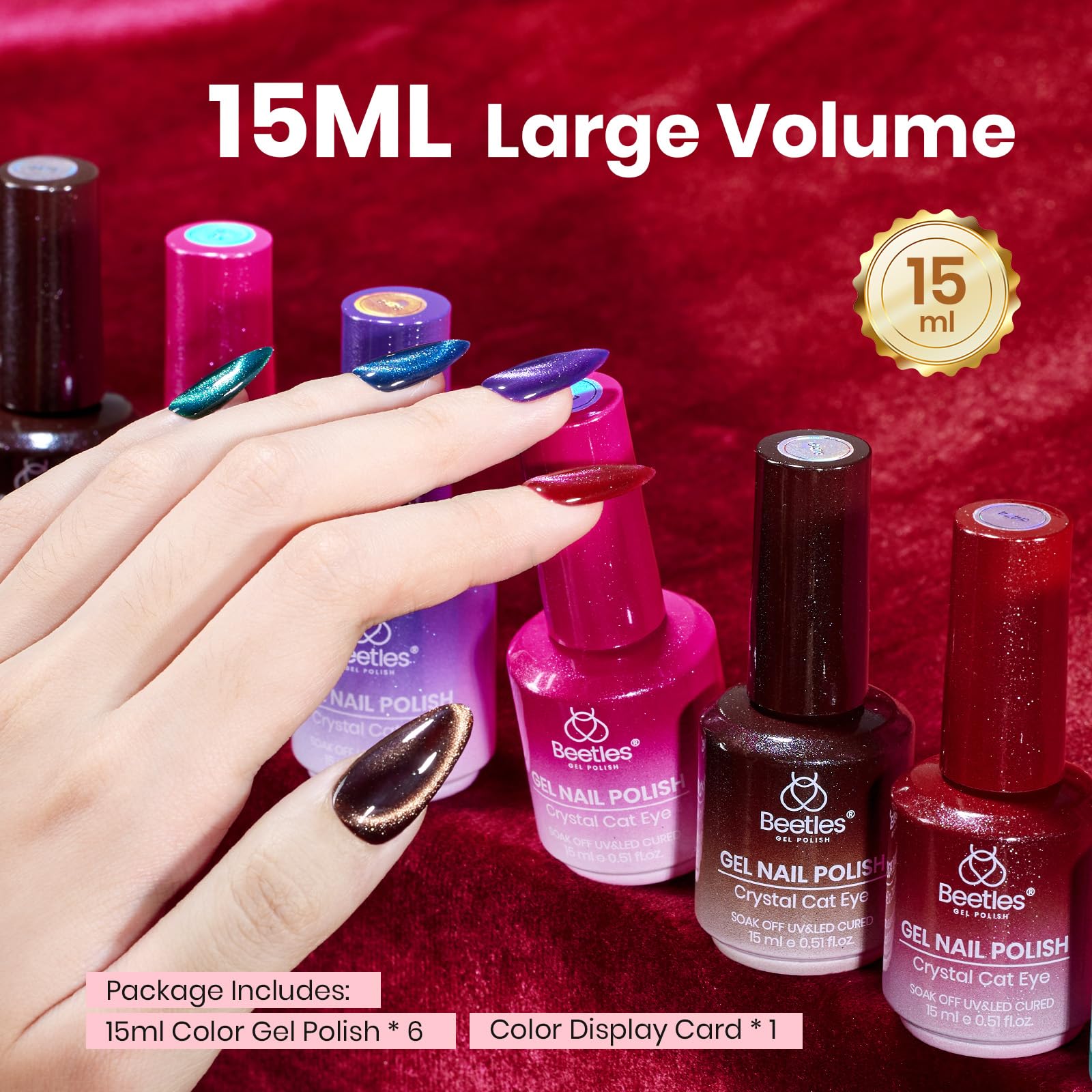 Beetles Cat Eye Gel Nail Polish Set - 6 Colors 15ML Glitter Gel Polish Kit Red Pink Brown Burgundy Purple Blue Green
