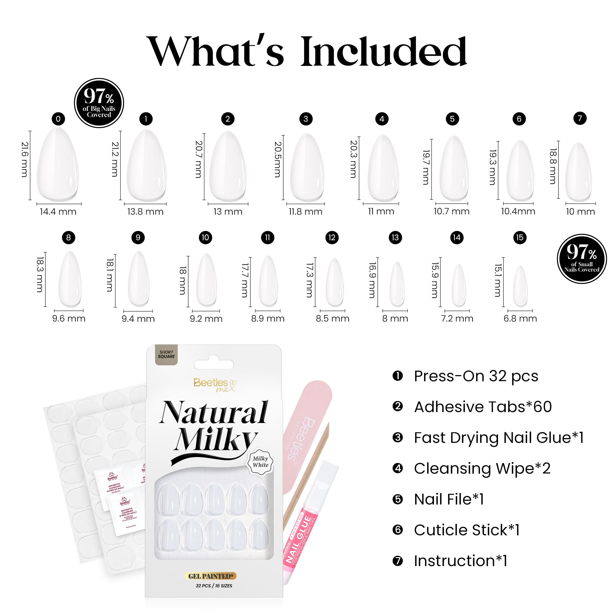 Beetles Natural Milky Press On Nails | Milky White Short Oval 16 sizes-32pcs