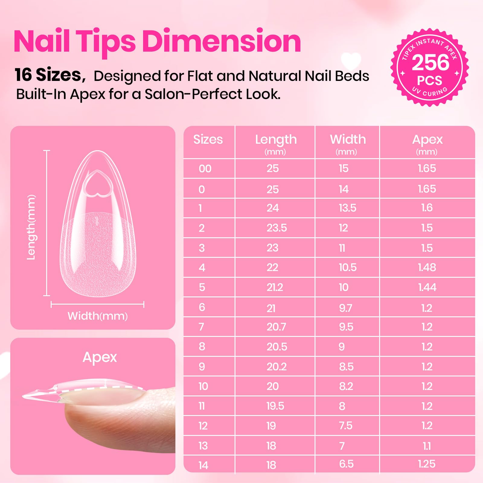 Beetles Tipex Lite Valentine Nails Tips - 16 Sizes 256pcs Heart Cutout Pre-Built Apex Almond Medium