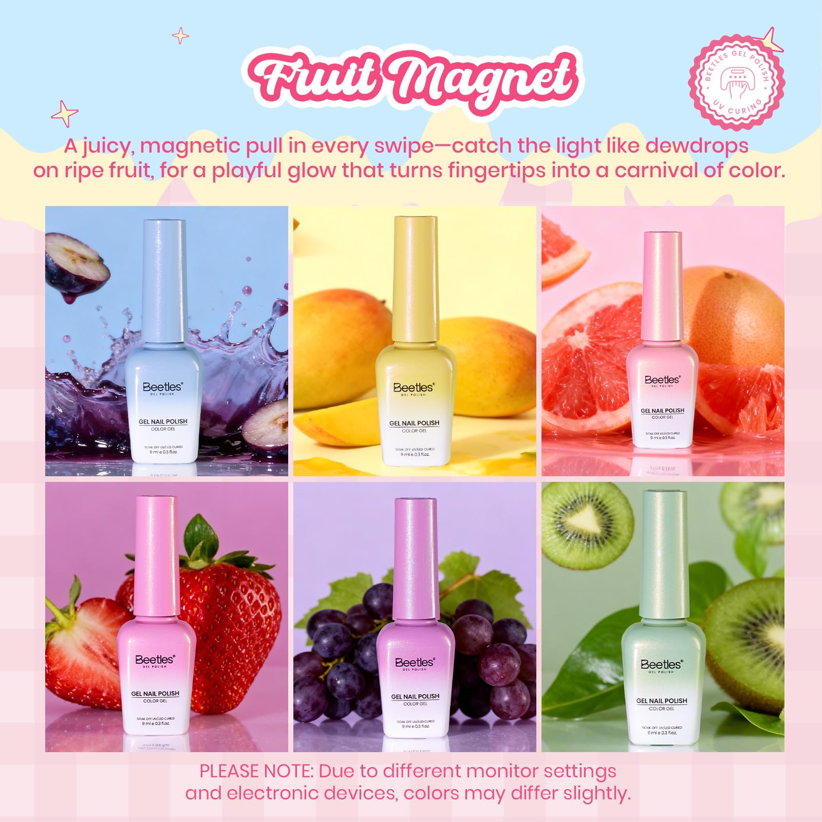 Beetles Fruit Magnet Cat Eye Gel Nail Polish Set - Spring Nails 6 Colors Spring Gel Polish Kit Glitter Cat Eye