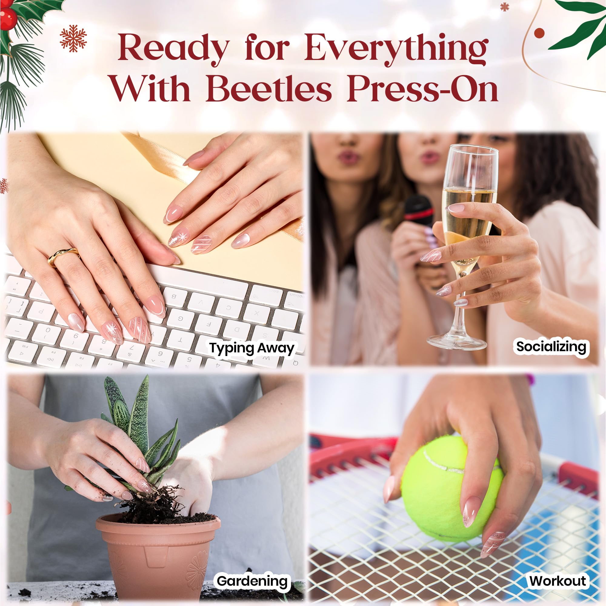 Beetles Christmas Press On Nails - Christmas Bow - 32Pcs 16 Sizes Natural Salon Quality Red French Nail Tip