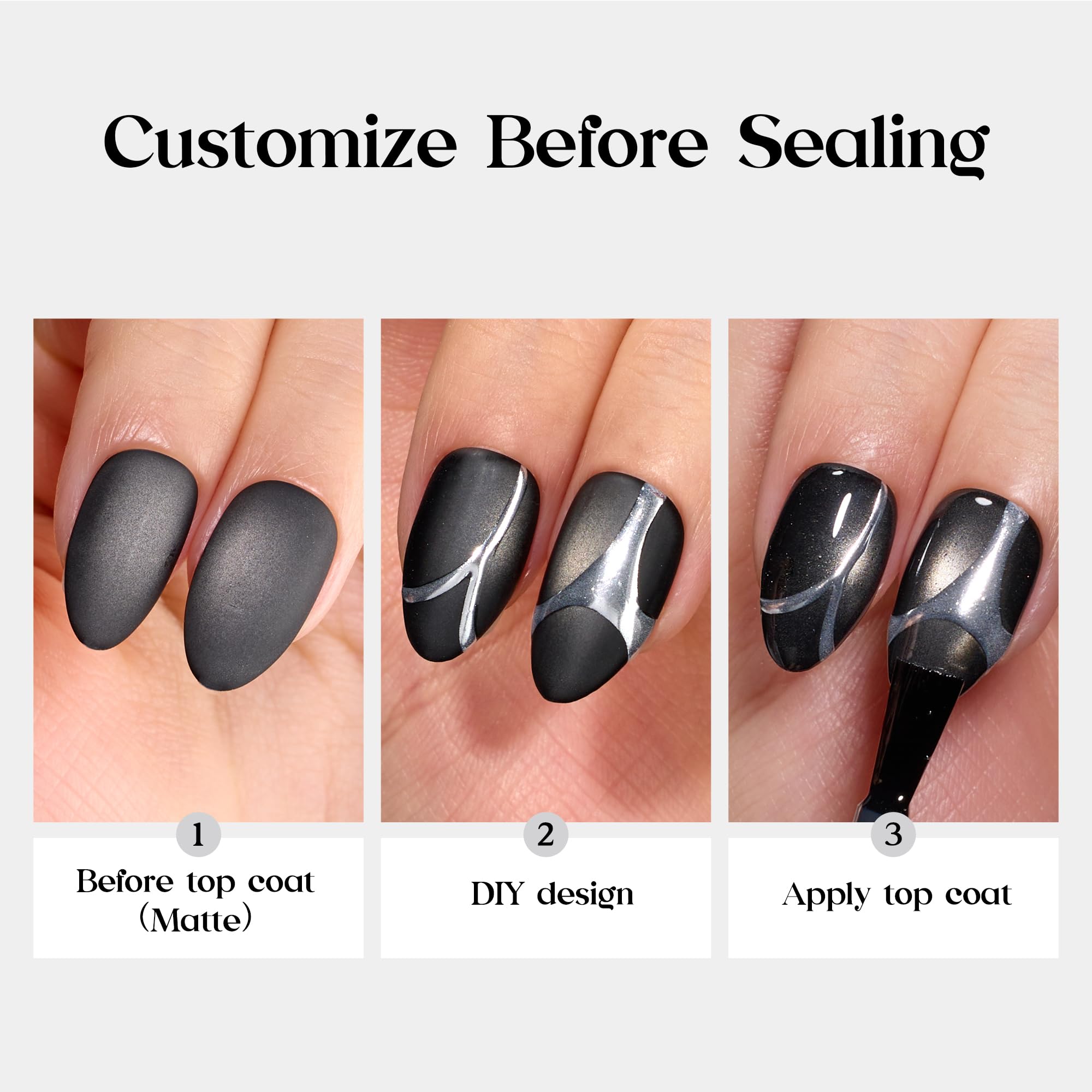 Beetles Pre-designed Cat-Eye tips Black Press On Nails 96 Pcs Matte Short Almond 16 Sizes