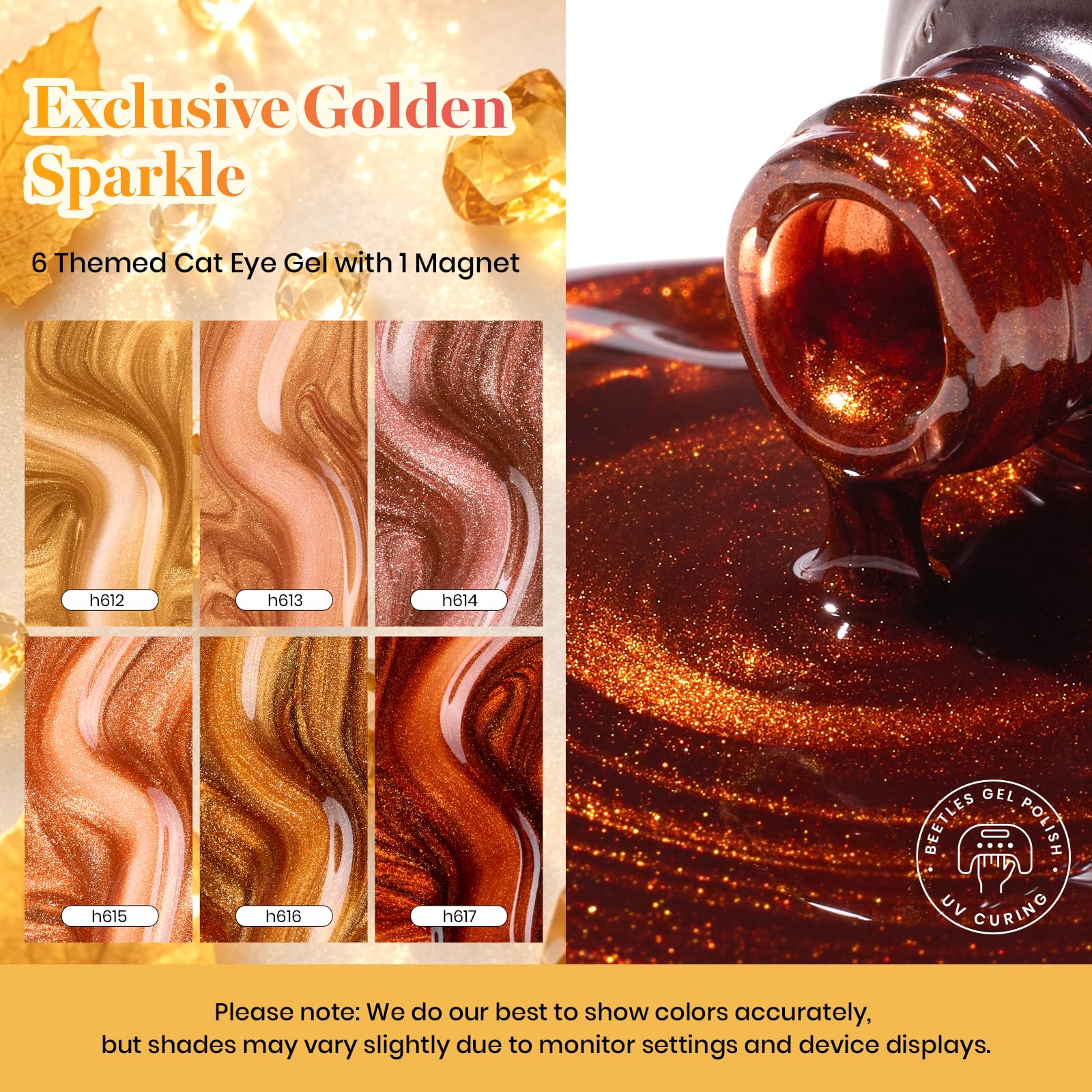 Beetles Gilded Leaves Amber Brown Gold Cat Eye 6 Colors Gel Nail Polish Set Fall Nails