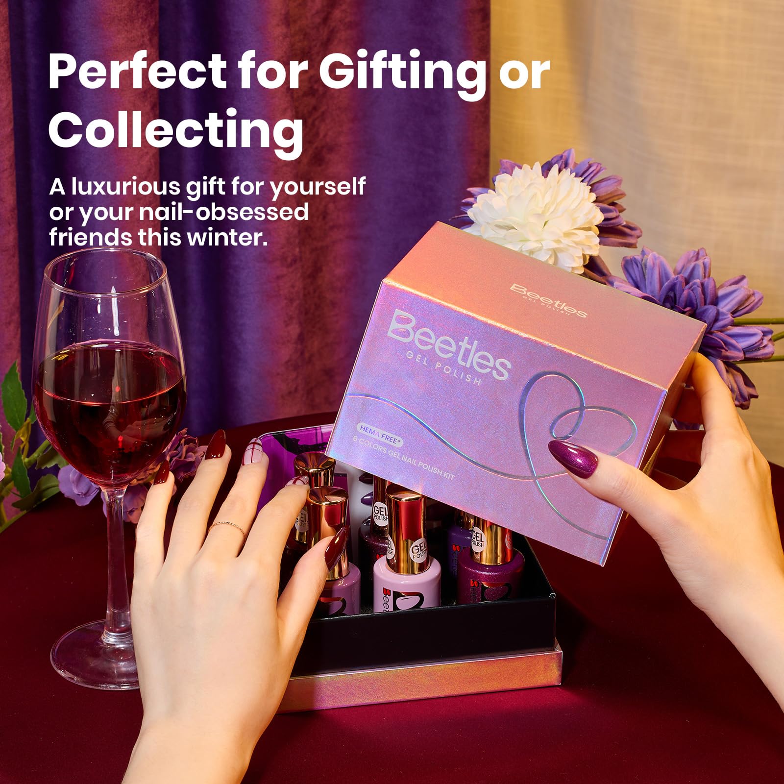 Beetles Purple Gel Polish Set - Cassis Night Collection HEMA-Free - 6 Colors 15ml Dark Purple Glitter Shimmer Color Nails