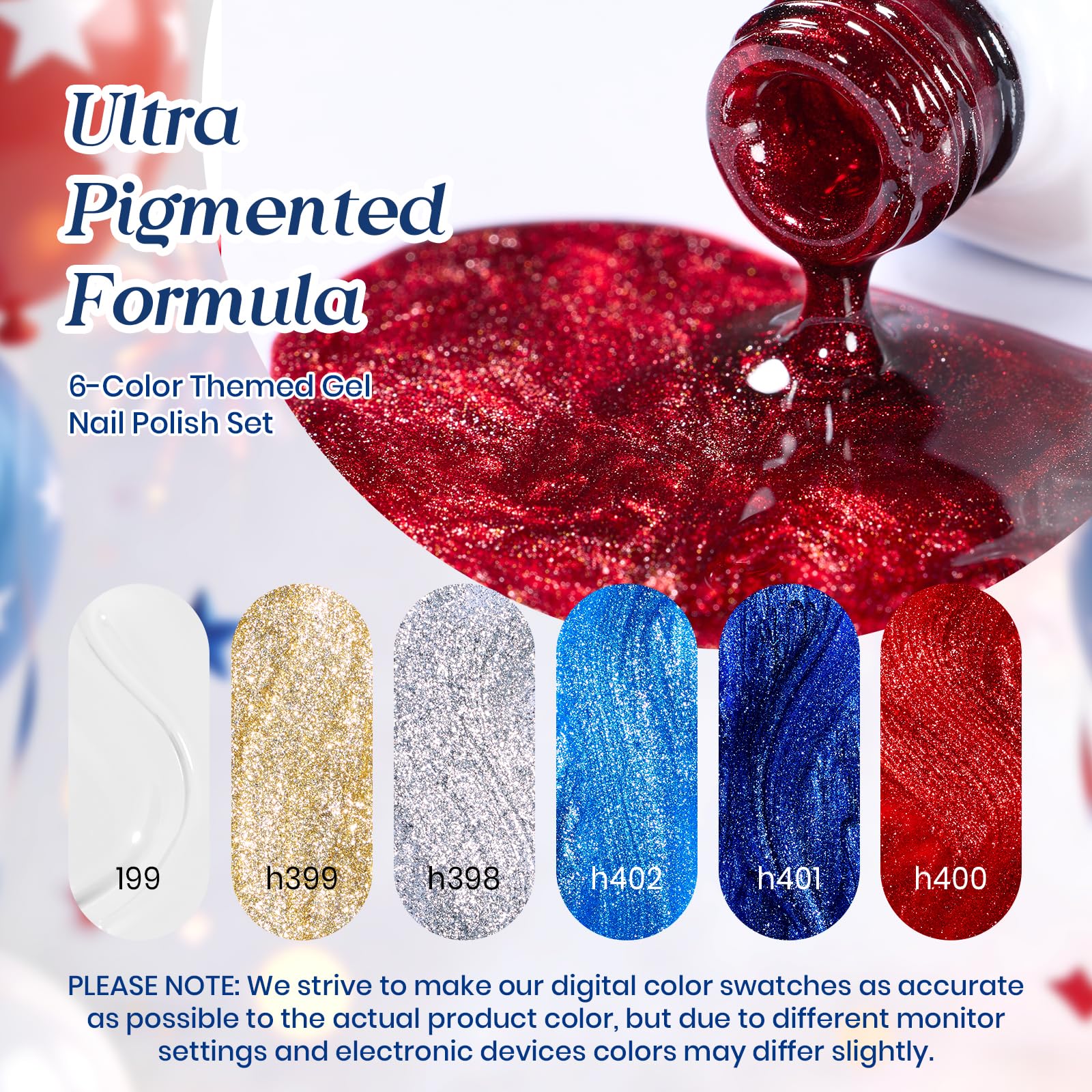 Independence Spark Colors| 6 Colors Cat Eye Gel Polish Set Red White and Glitter Blue