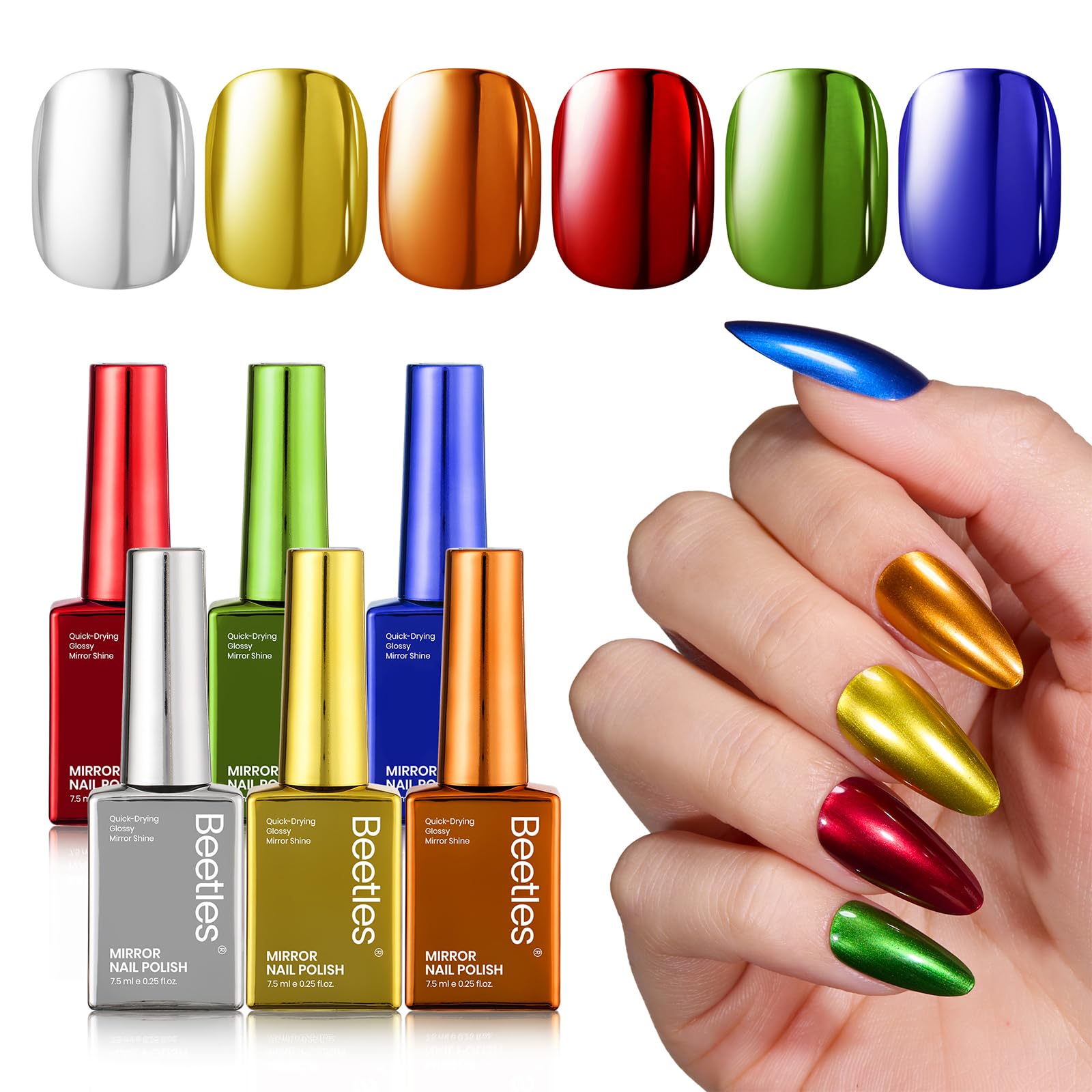 Beetles Chrome Metallic Nail Polish Set - Jingle Jewels 6 Colors Quick-Drying Glossy Mirror Nail Polish