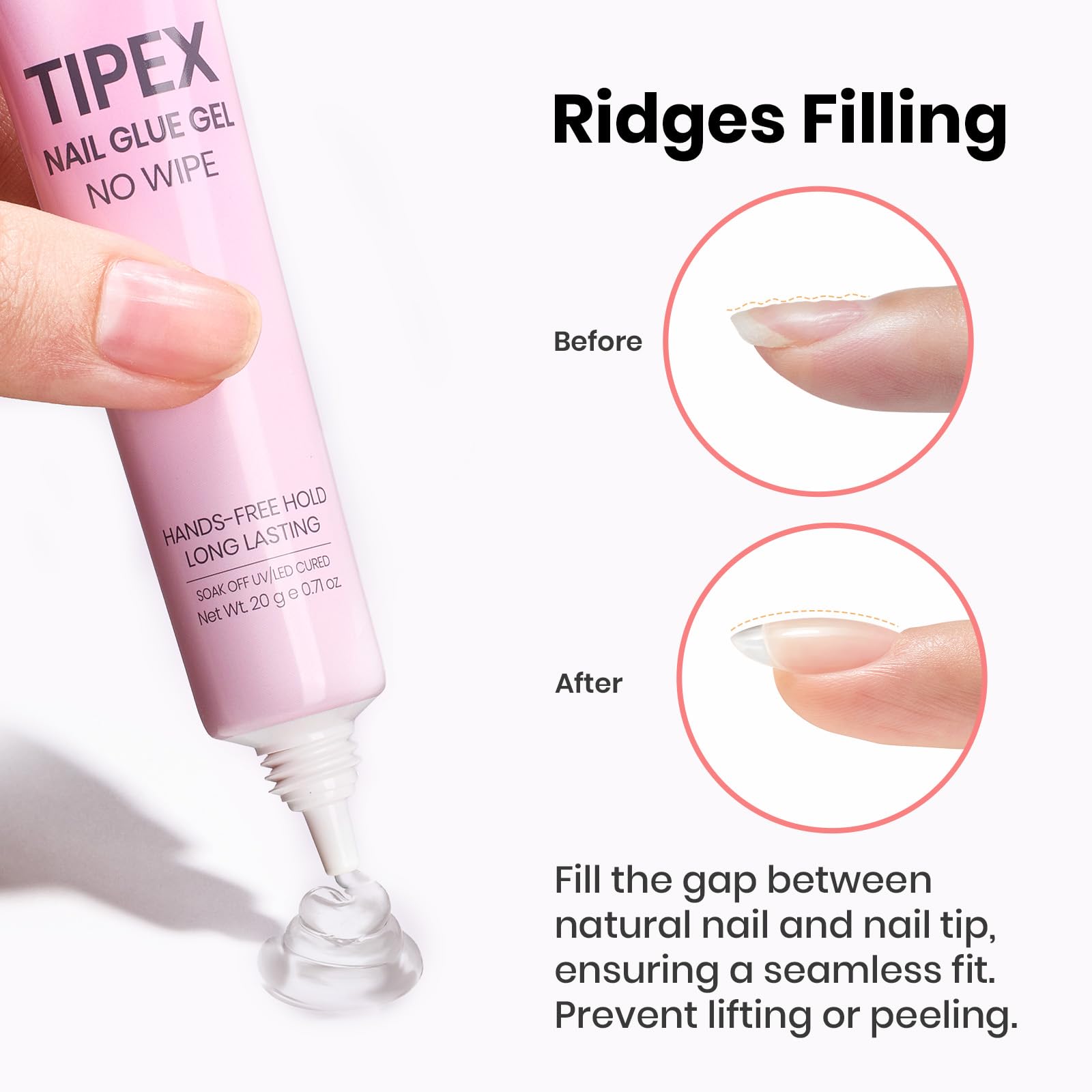 Beetles 20g Tipex Nail Glue Gel, No Wipe & No-Need-to-Hold, Designed for Tipex Instant Apex Nail Tips