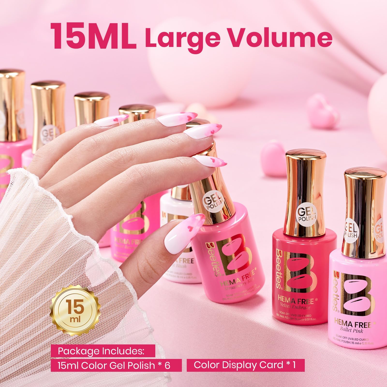 Beetles Pink Gel Polish Set - Spring Nails Pinks Escape 15ML, 6 Colors Hema Free Pink Gel Nail Polish Set