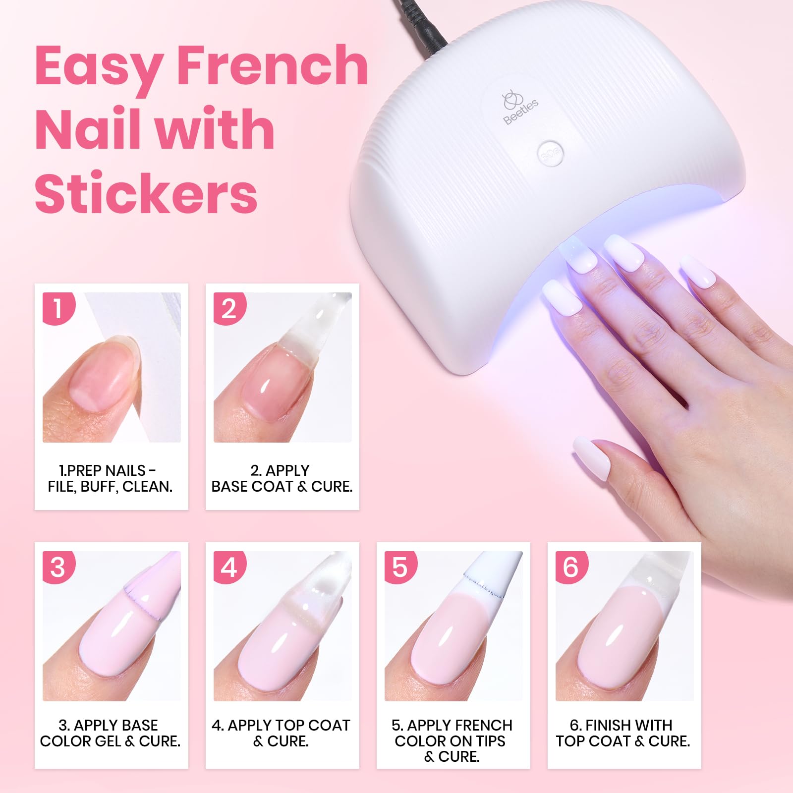 Beetles Pastel Gel Polish Set - Petal Ivory, 4Pcs White & Pink Gel Nail Polish with Base Coat Top Coat, Soak Off UV LED Lamp French Nails Art for Spring Nails