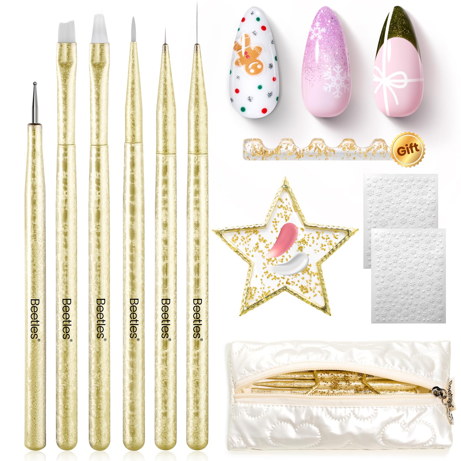 Beetles Christmas Nail Art Brushes 6pcs – Golden Gleam Nail Art Tools Liner Brushes for Nails