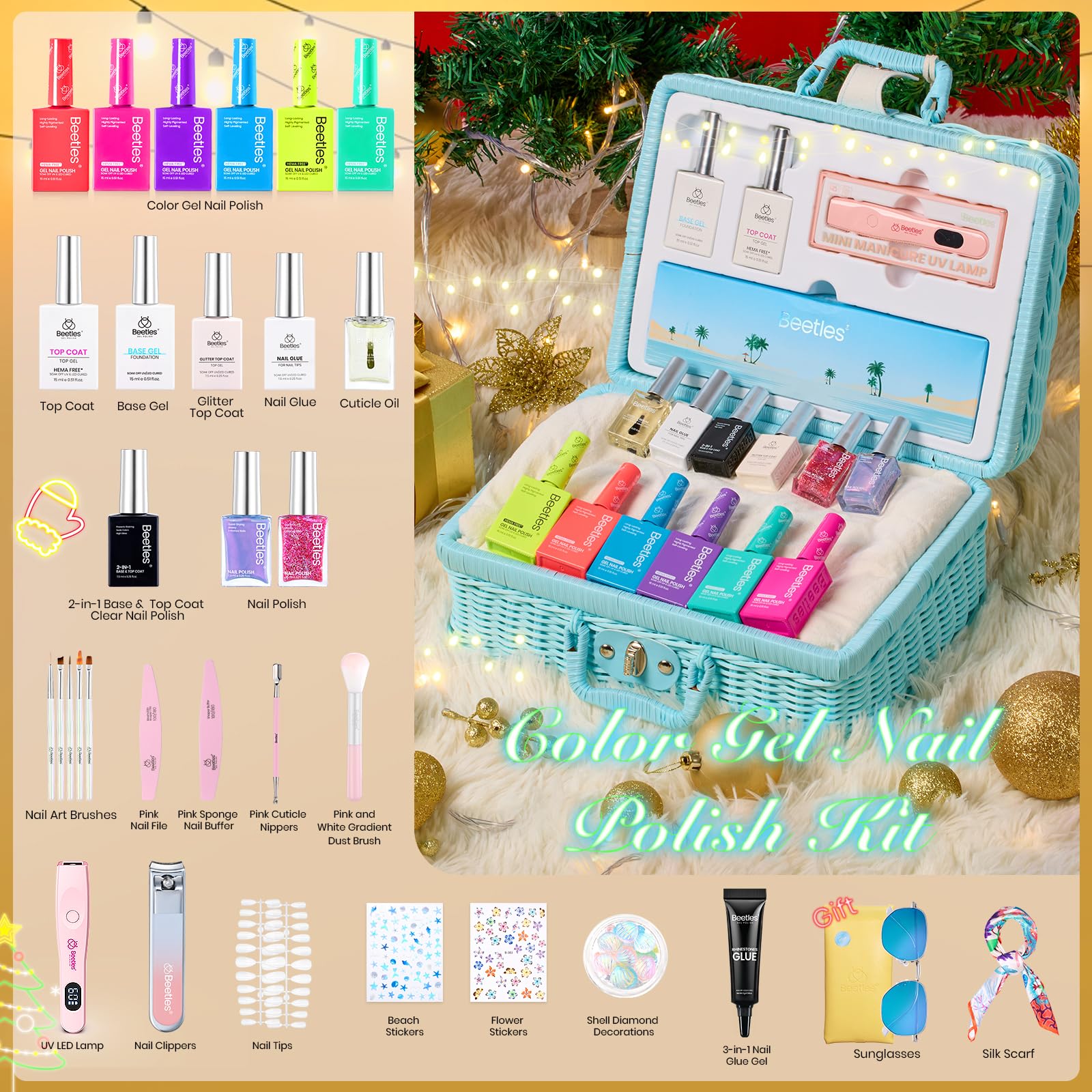 Beetles Christmas Gel Nail Polish Set with Mini LED Nail Lamp Colorful Bottle Nail Salon DIY Gift Basket