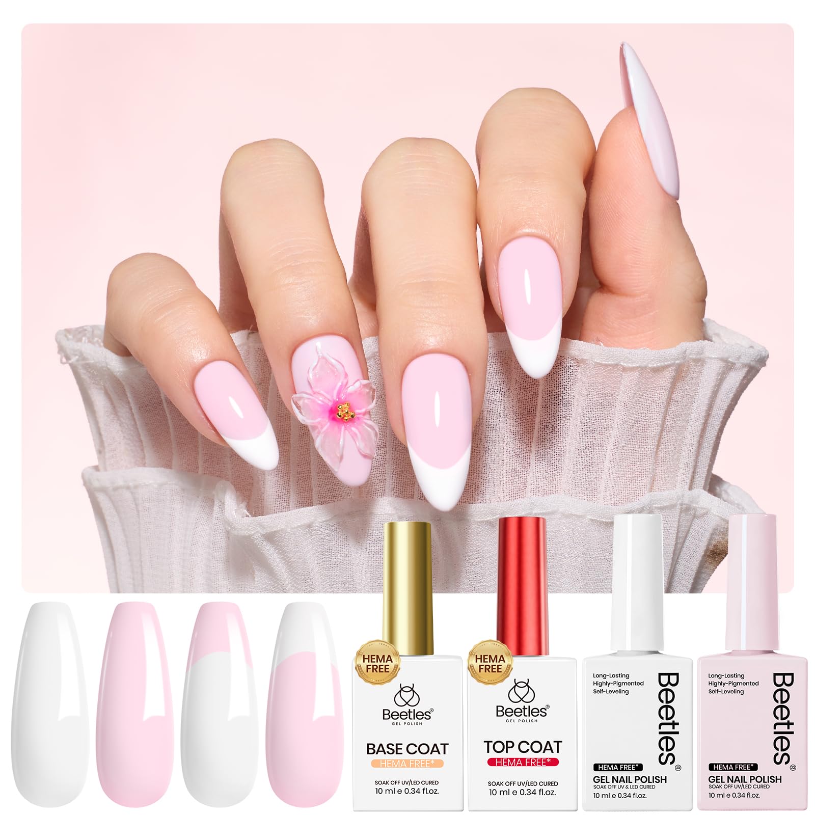 Beetles Pastel Gel Polish Set - Petal Ivory, 4Pcs White & Pink Gel Nail Polish with Base Coat Top Coat, Soak Off UV LED Lamp French Nails Art for Spring Nails