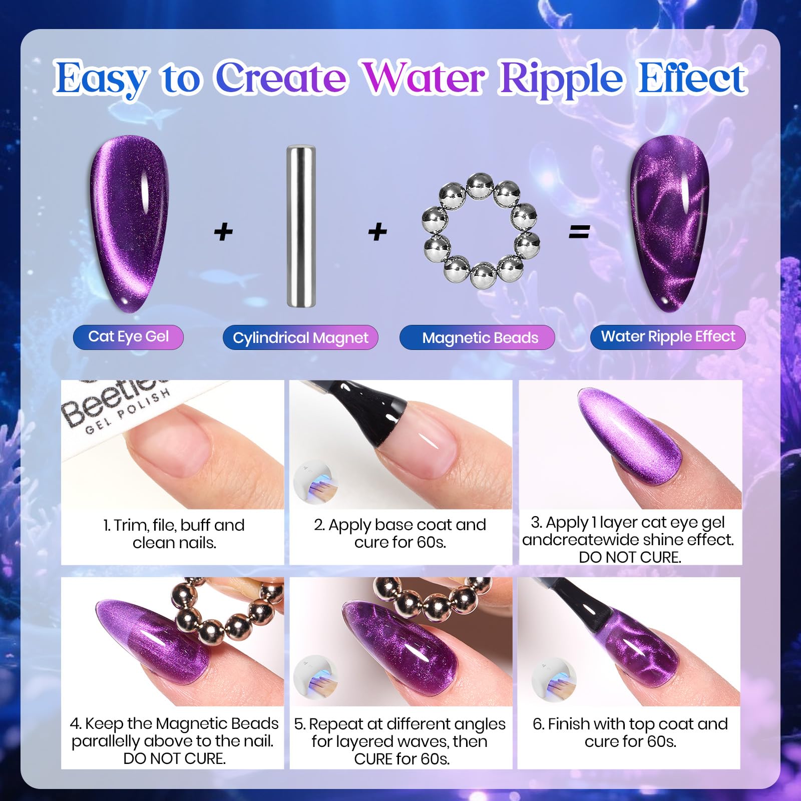 Beetles Siren Song Cat Eye  6 Colors 9ml Gel Nail Polish Set With Cat Eye Magnet Water Ripple Magnet Stick Nail Charms