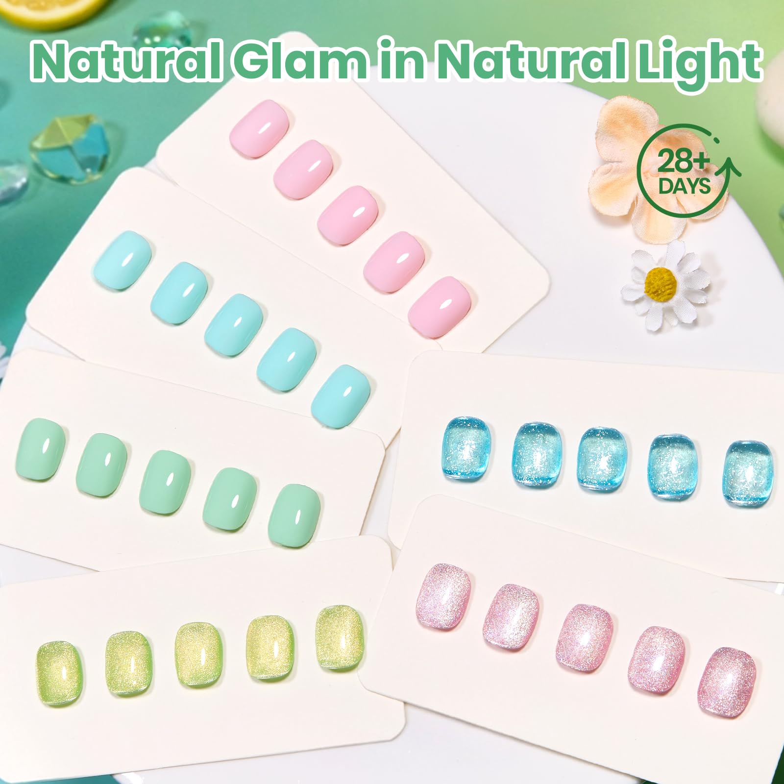 Beetles Hema Free Gel Polish Set, 15 ML 6 Colors Pastel Cat Eye Pink Green Blue Glitter Gel Nail Polish Kit Soak Off UV Nail Art DIY at Home Salon Spring Summer Easter Gift for Women