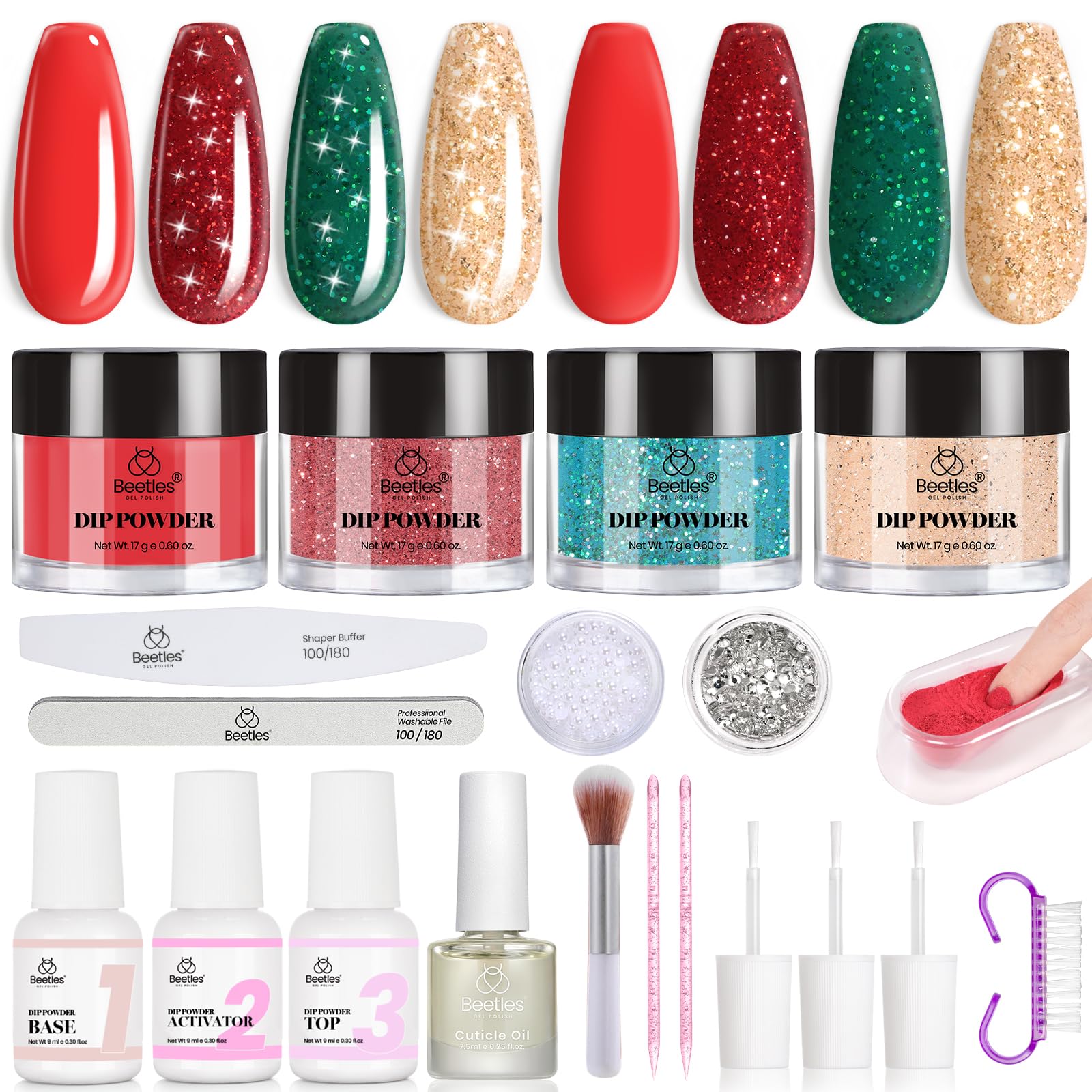 Beetles Christmas Dip Powder Nail Kit - Winter Colors Red Green Glitter Golden Dipping Powder with Liquid Set