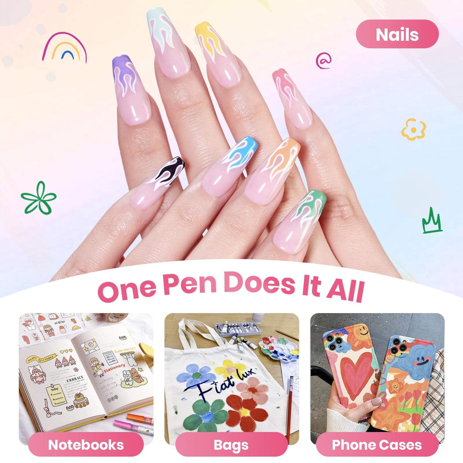 Beetles 12 Colors 0.7mm Nail Art Pens Fast Color Filling Nail Polish Pens Quick Air Drying