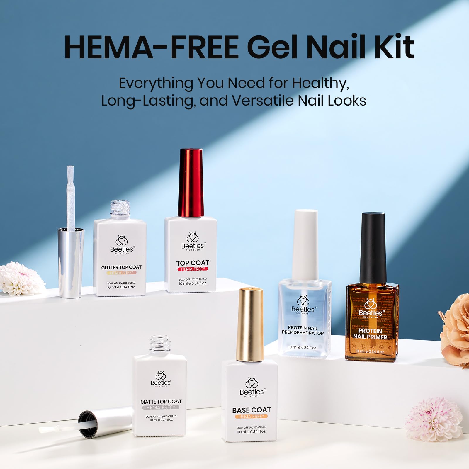 Beetles 6 Pcs Hema-Free Protein Nail Prep Dehydrator & Primer with Matte and Glitter Gel Top Coat and Base Set