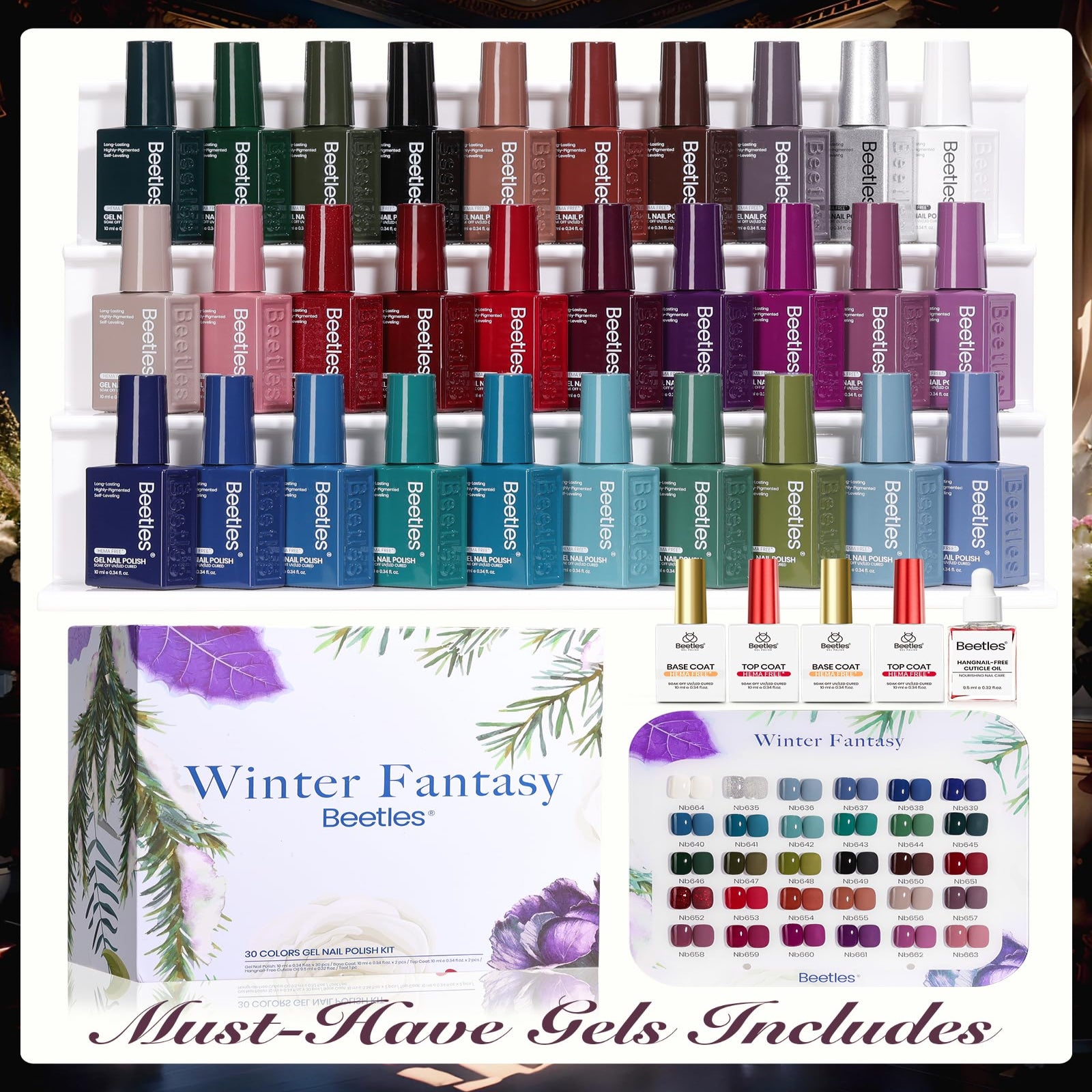 Beetles Gel Polish Christmas Gift Winter Fantasy - 30 Gel Colors Set with Top and Base Coat (15ml/Each)