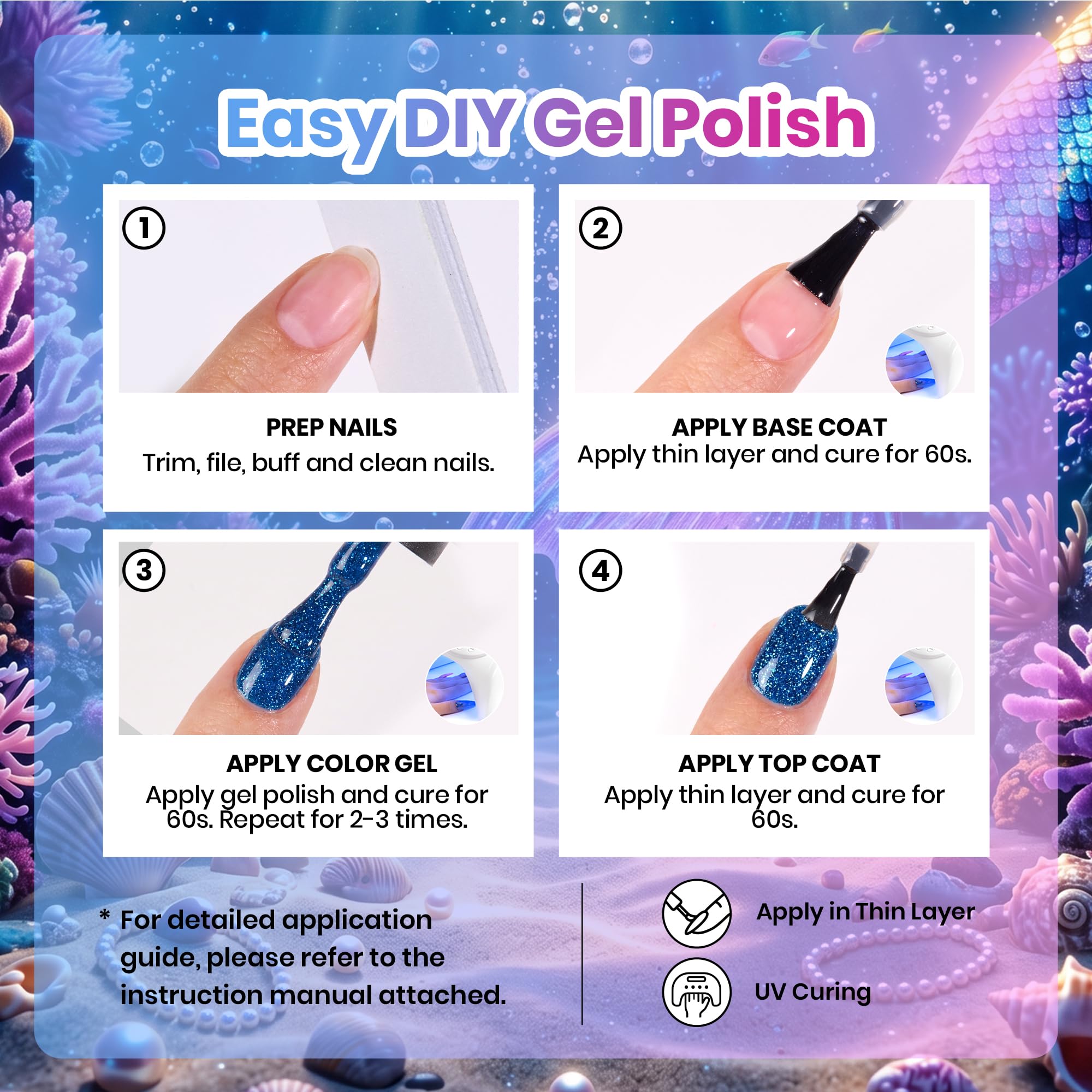 Beetles Siren Scale Glitter 6 Colors Gel Nail Polish Set 9ml With Rhinestones & Swatch Card