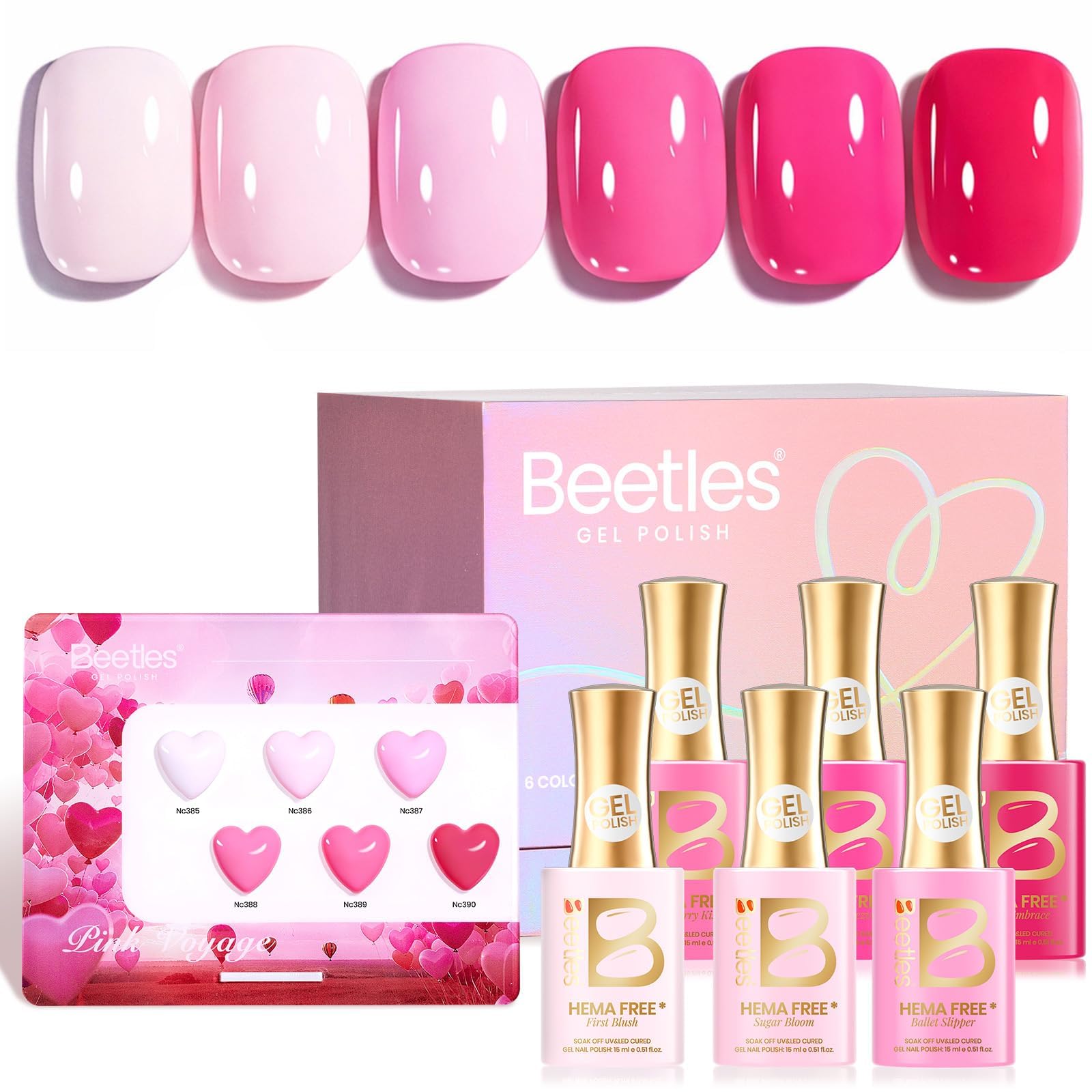 Beetles Pink Gel Polish Set - Spring Nails Pinks Escape 15ML, 6 Colors Hema Free Pink Gel Nail Polish Set