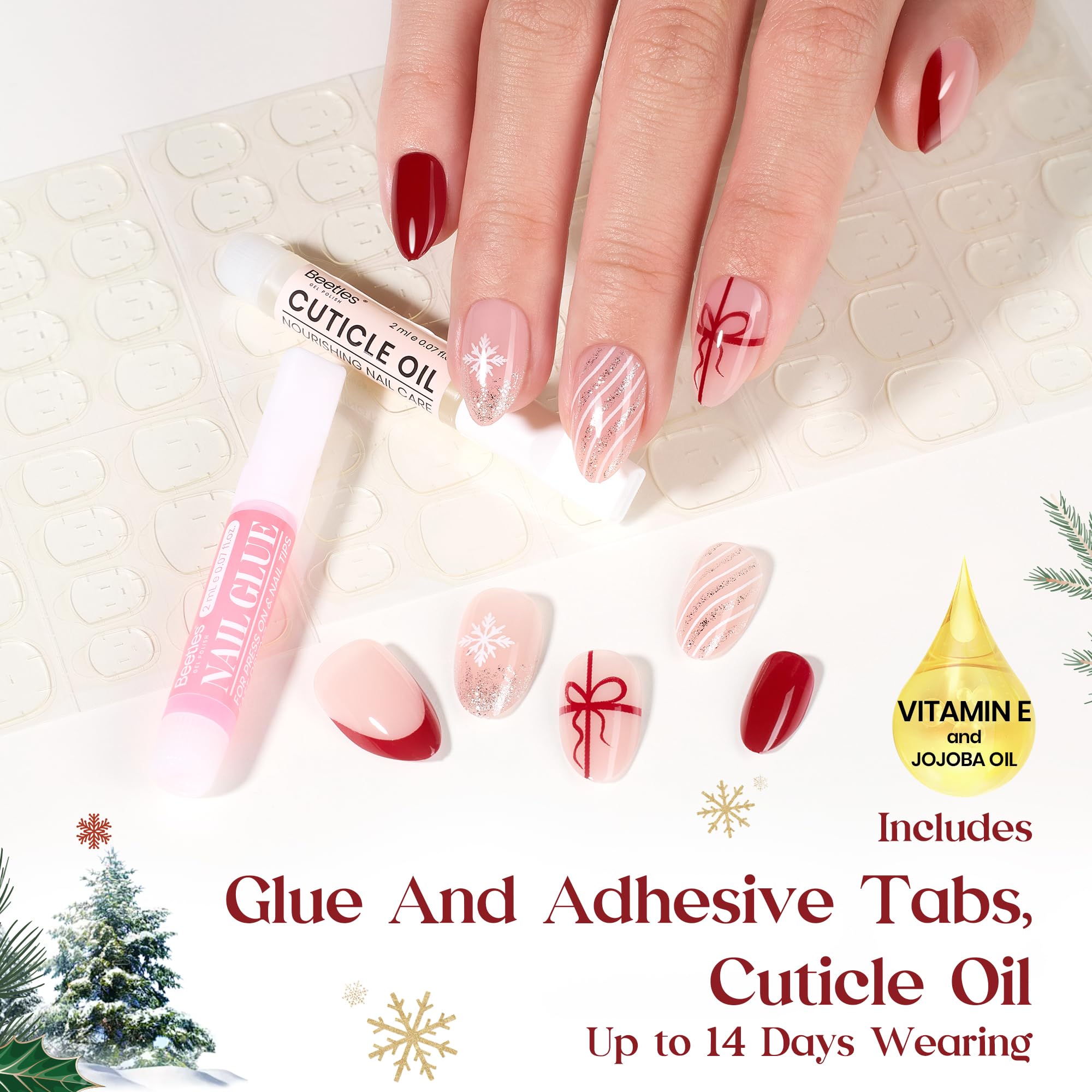 Beetles Christmas Press On Nails - Christmas Bow - 32Pcs 16 Sizes Natural Salon Quality Red French Nail Tip