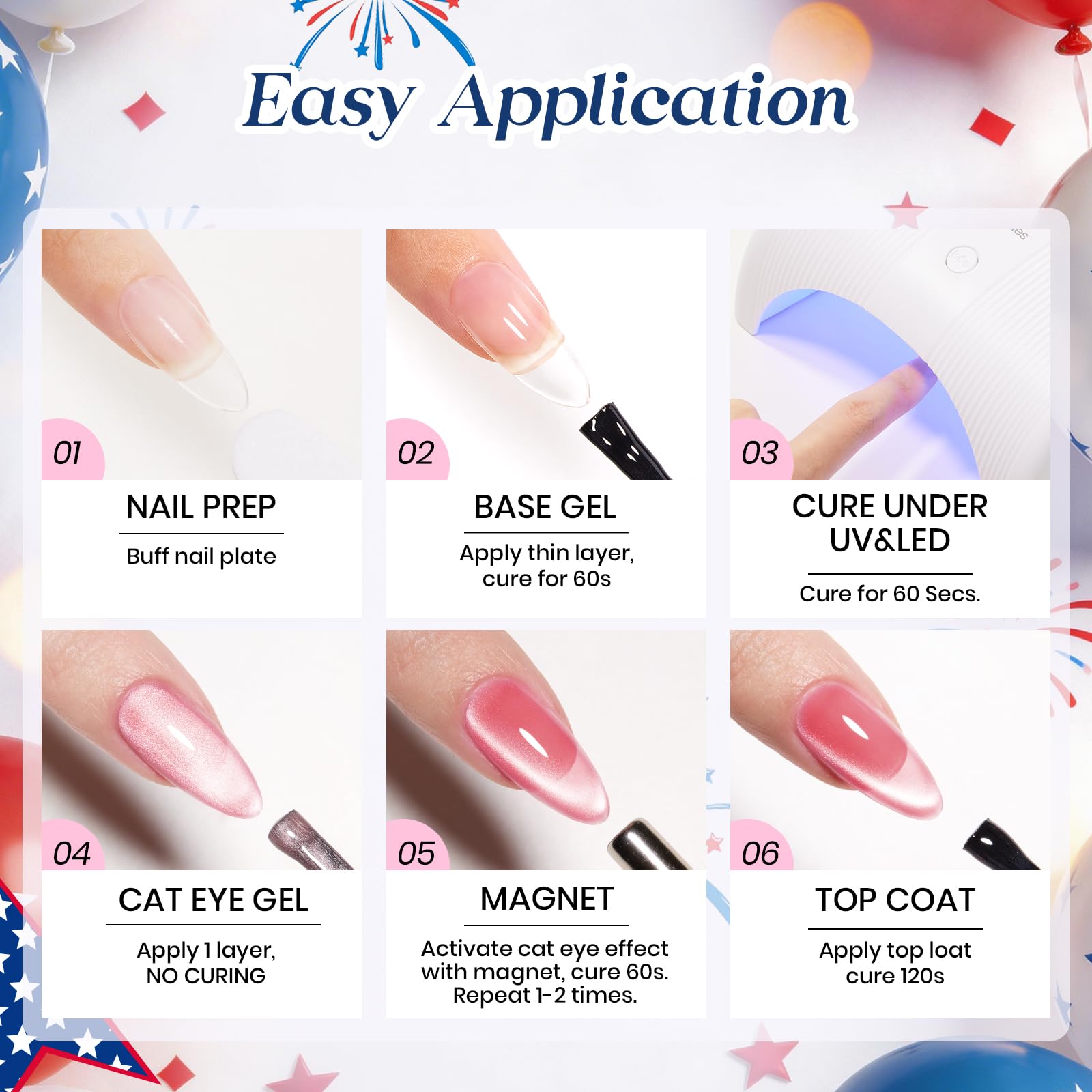 Independence Spark Colors| 6 Colors Cat Eye Gel Polish Set Red White and Glitter Blue
