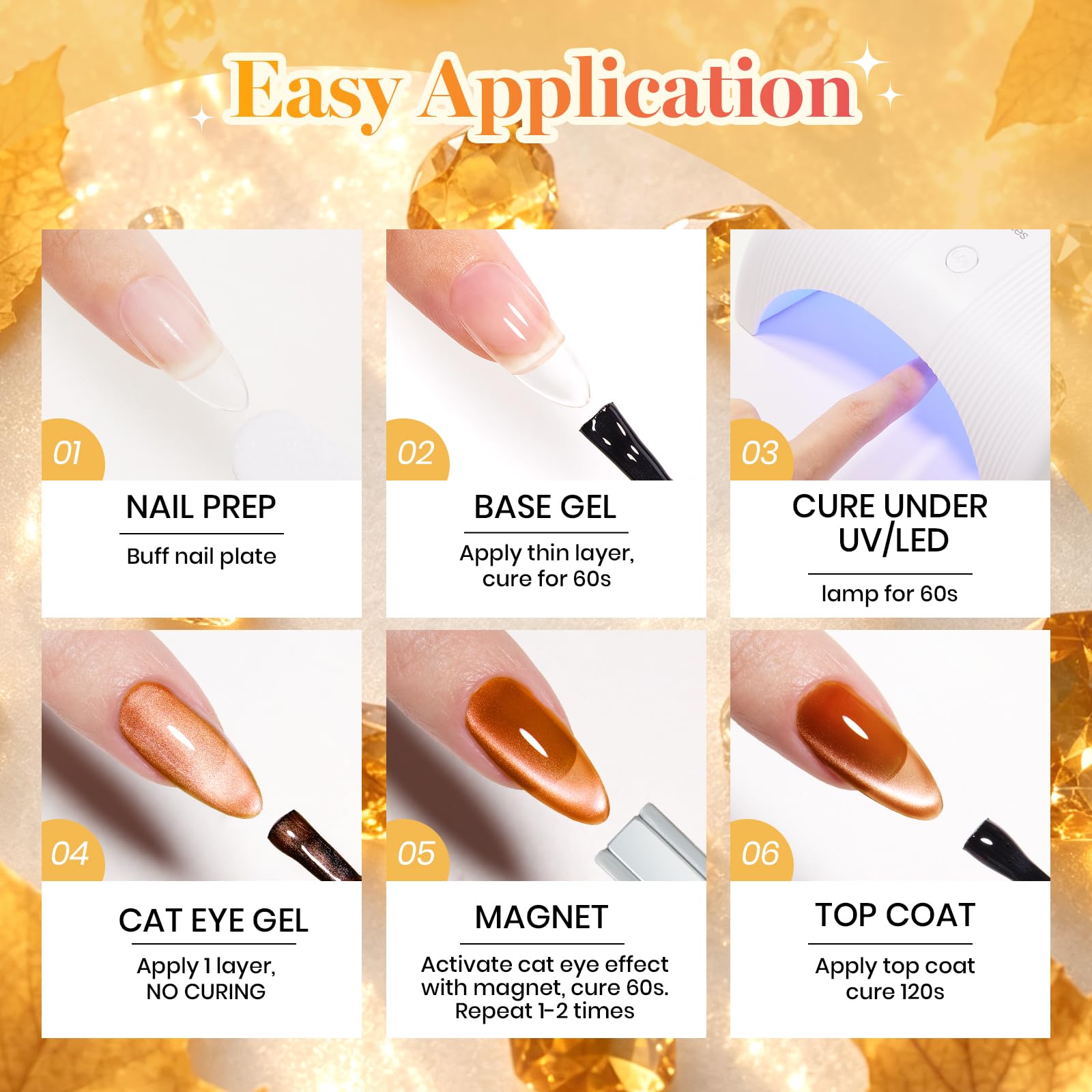 Beetles Gilded Leaves Amber Brown Gold Cat Eye 6 Colors Gel Nail Polish Set Fall Nails