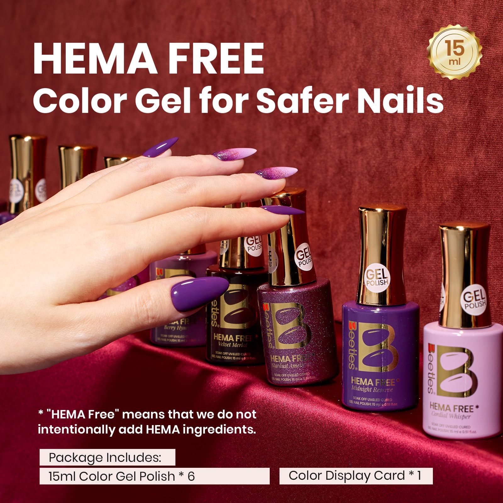 Beetles Purple Gel Polish Set - Cassis Night Collection HEMA-Free - 6 Colors 15ml Dark Purple Glitter Shimmer Color Nails