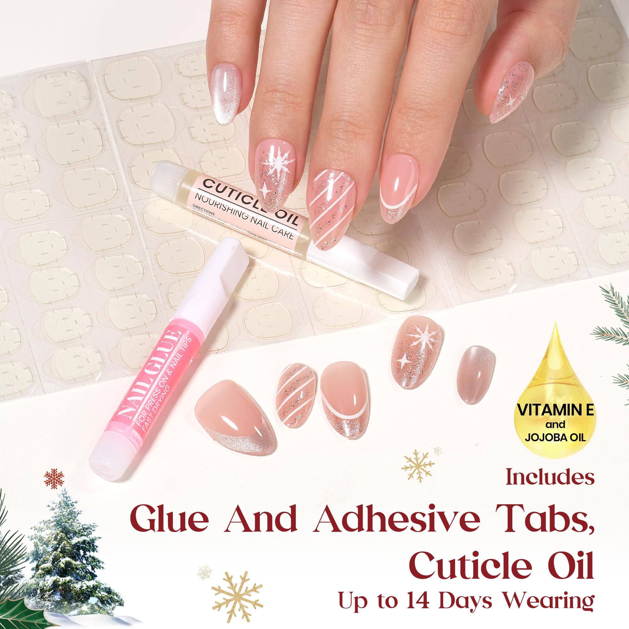 Beetles Press On Nails Christmas Snow - 32Pcs 16 Sizes Short Almond Press On Nails