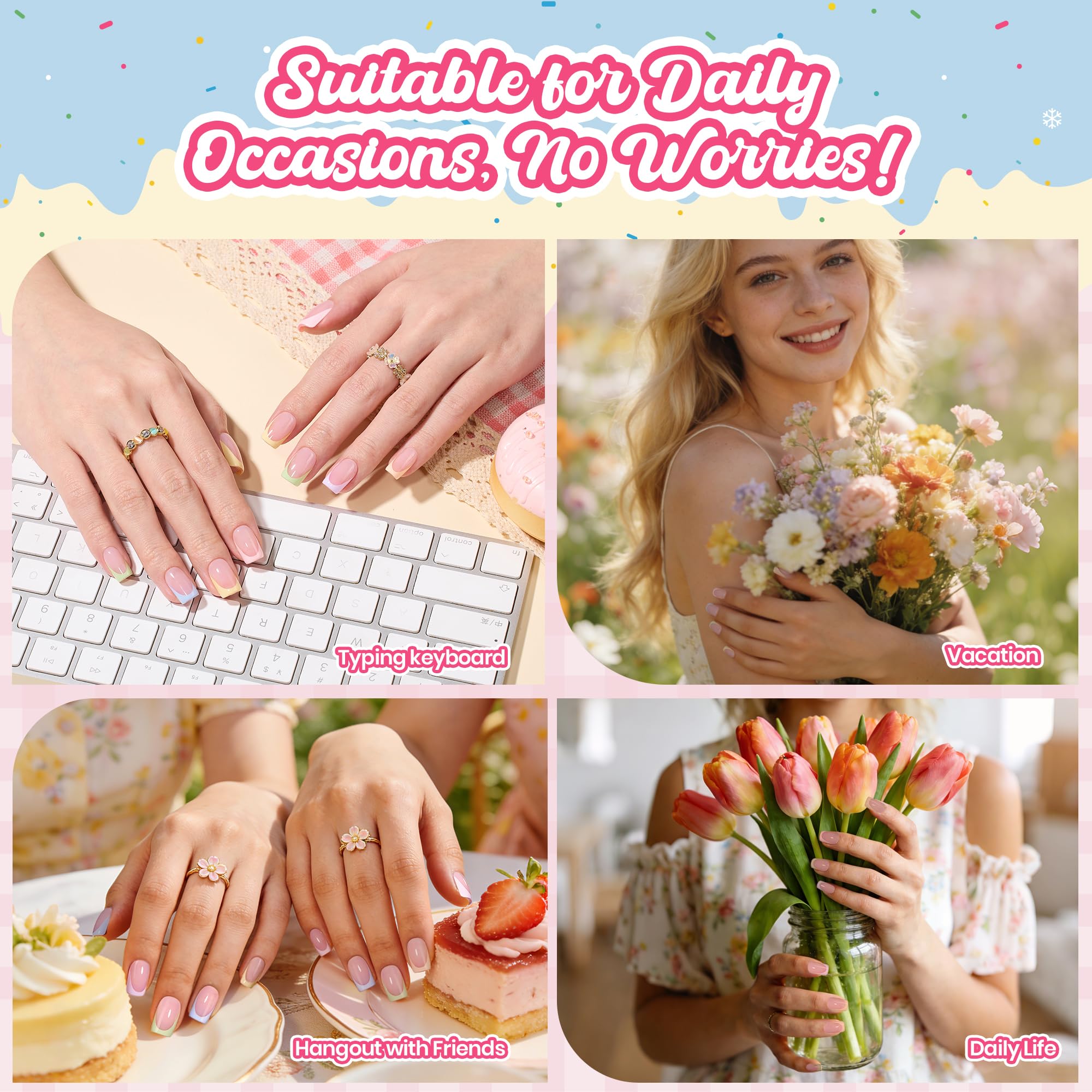 Beetles French Tips Press On Nails, Pastel Spring Nails Medium Almond 6 Colors 192 Pcs, Spring Fake Nail Tips