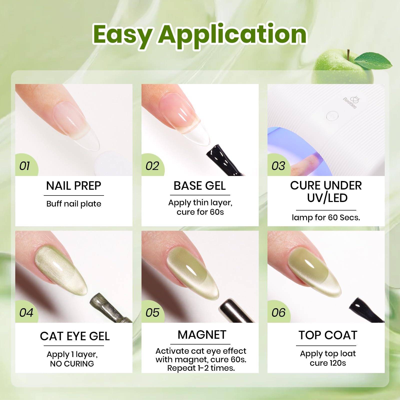 Beetles Pistachio Gleam Green Cat Eye Gel Nail Polish - 15ML Spring Gel Polish Light Green Cat Eye