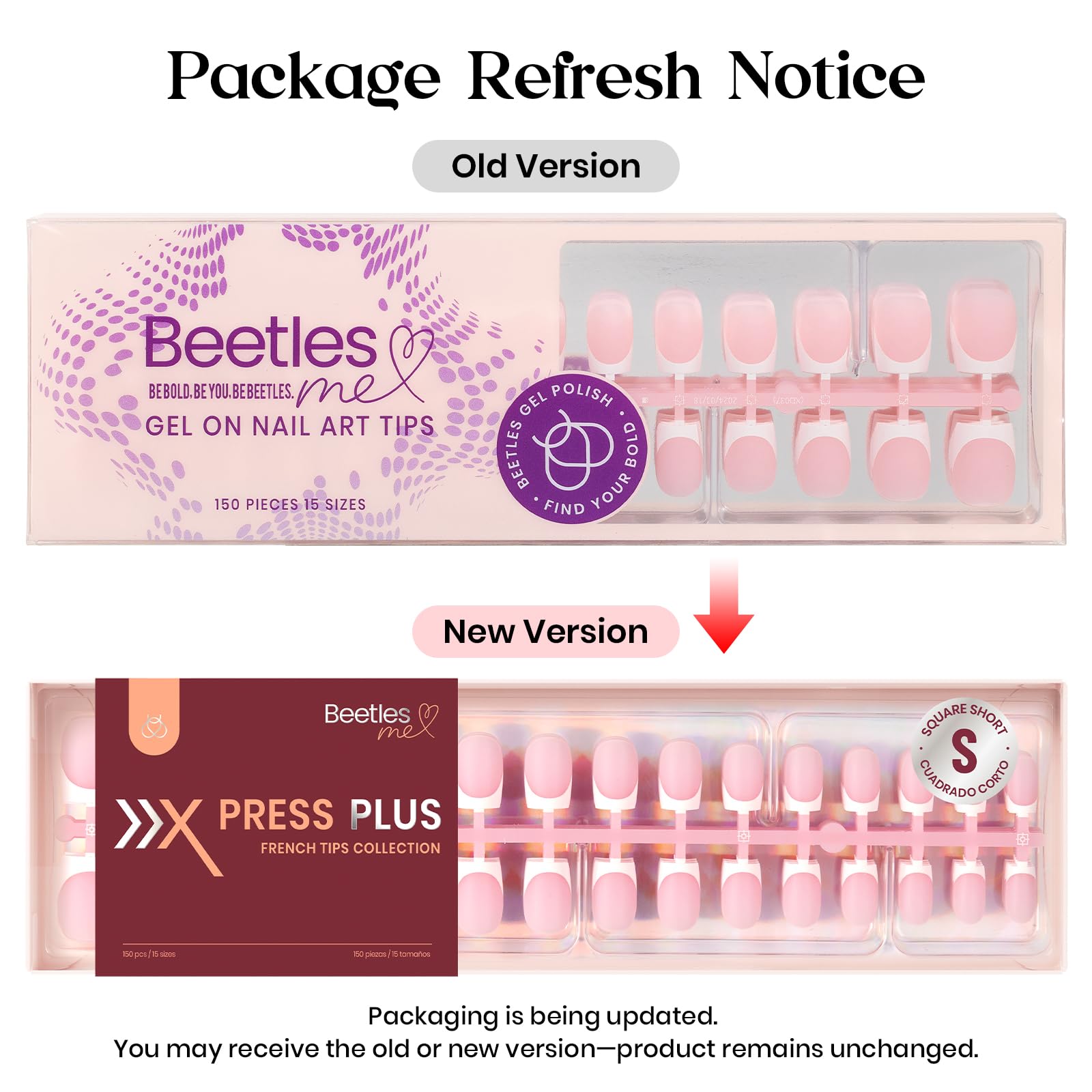 Beetles French Tip Press On Nails: 150 Pcs Pink Short Square Press On Nails 4 in 1 Nail Tips