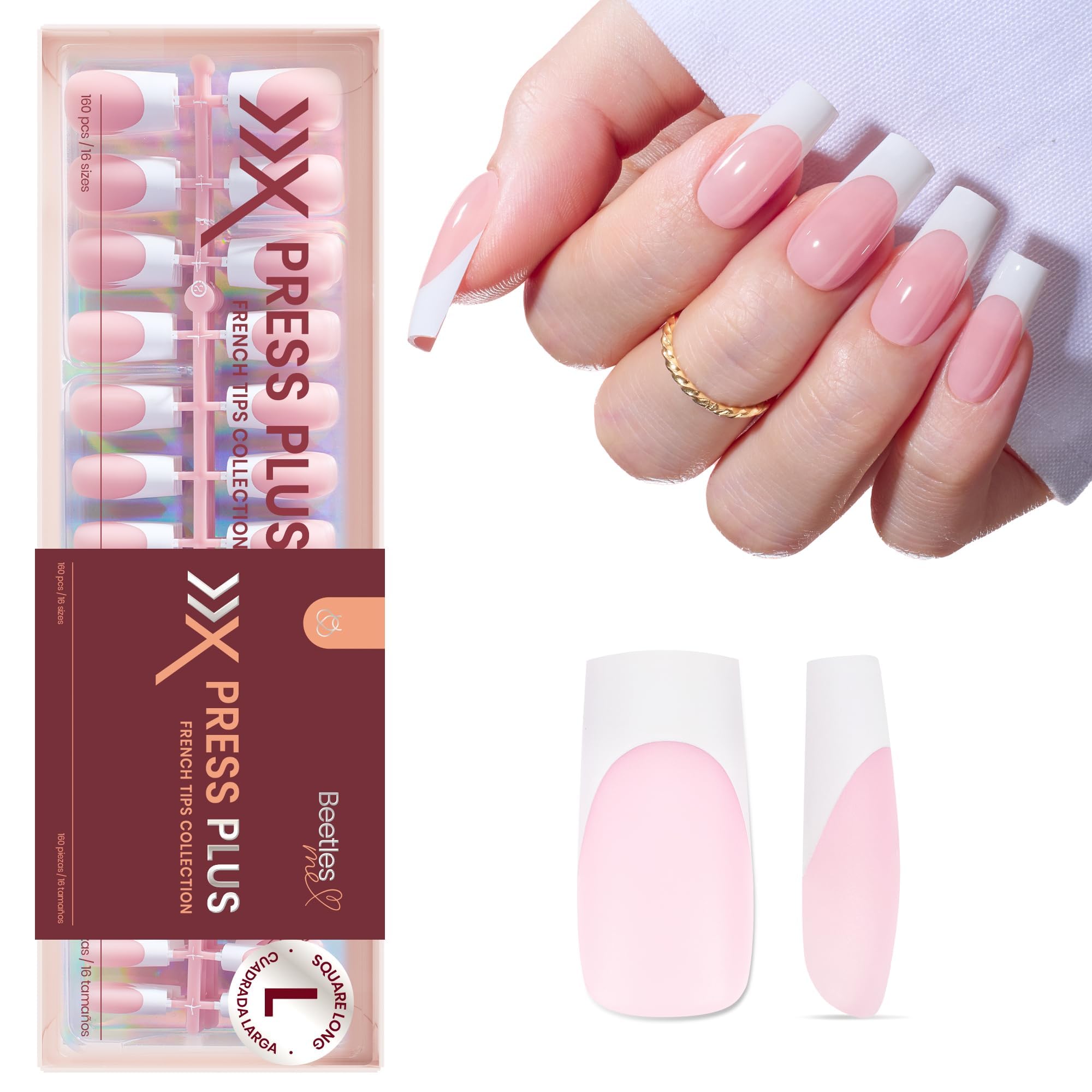 Beetles French Tip Press on Nails Long Square Salon Quality - White French Pink Gel Nail Tips 15 Sizes