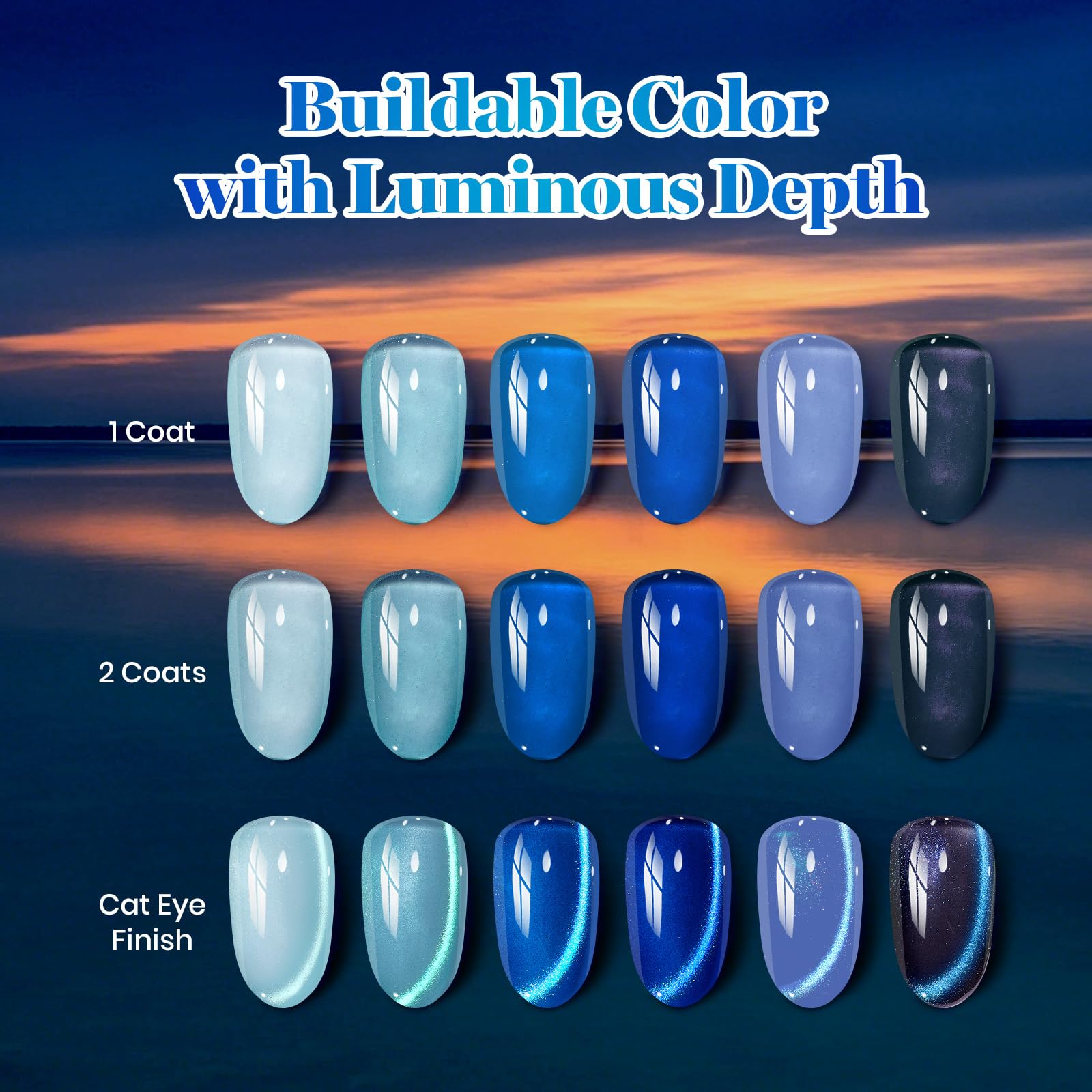 Beetles Blue Hour 6 Colors Cat Eye Gel Nail Polish Set 15ML Full Size Glass Cat Eye Magnetic Effect