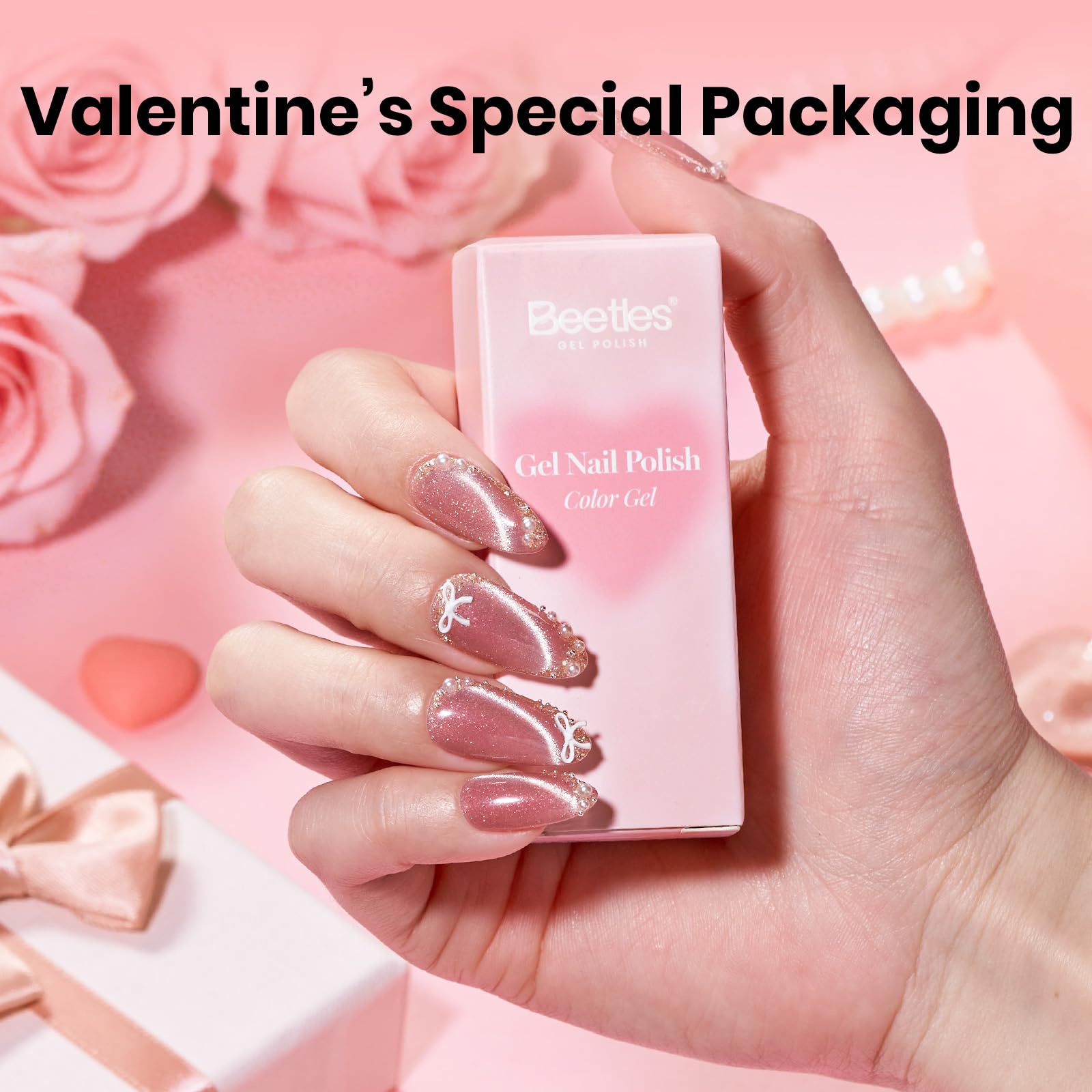 Beetles Heartbeam Pink Gel Nail Polish - 15ML Valentine Nails Pink Cat Eye Glitter Nail Polish