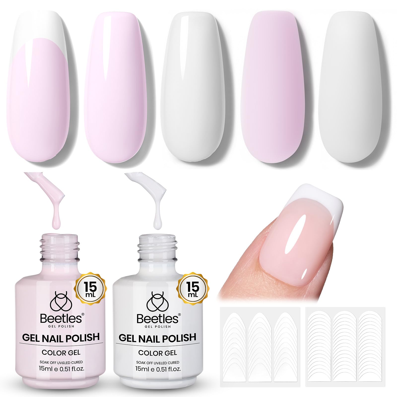 Beetles French Tip Gel Polish Set - White Nude Pink Gel Nail Polish Set Soak Off UV LED with 2 Styles Classic French Nail