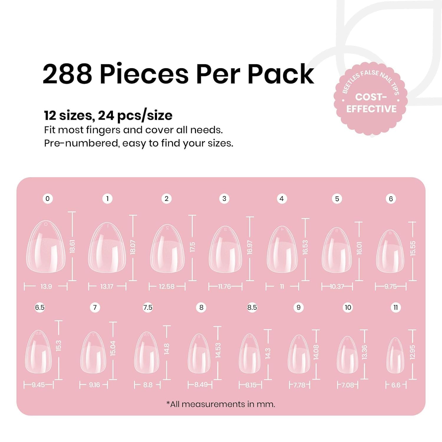 Beetles Extra Short Almond Nail Tips - 12 Sizes 288 PCS Pre-Shaped Clear Full Cover Etch Gel Nail Tips