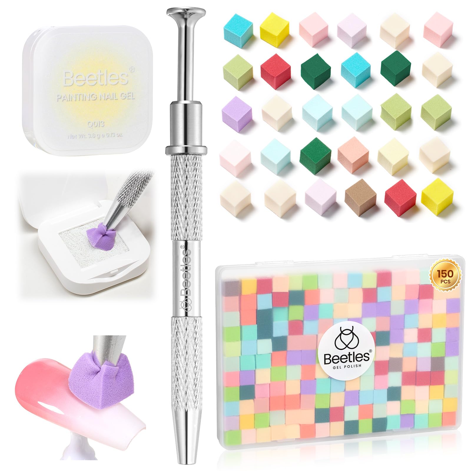 Beetles 150Pcs Soft Nail Sponges for Ombre Colorful Nail Sponge with Grabbing Pen - White Pat Painting Gel Polish Kit