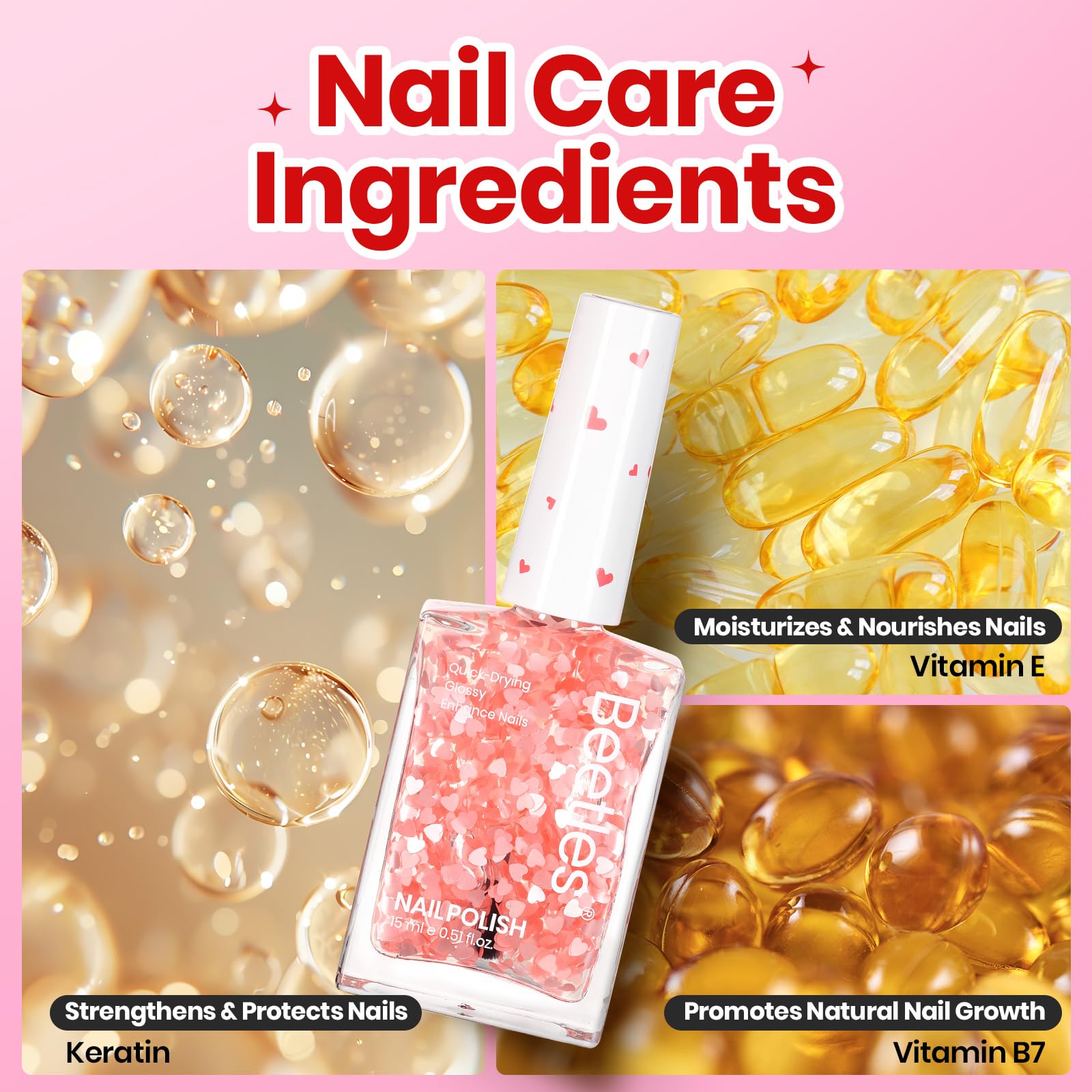 Beetles Valentines Nails Polish - 15ml/0.51Fl Oz Pink Heart Sweetheart Glow Glitter Top Coat