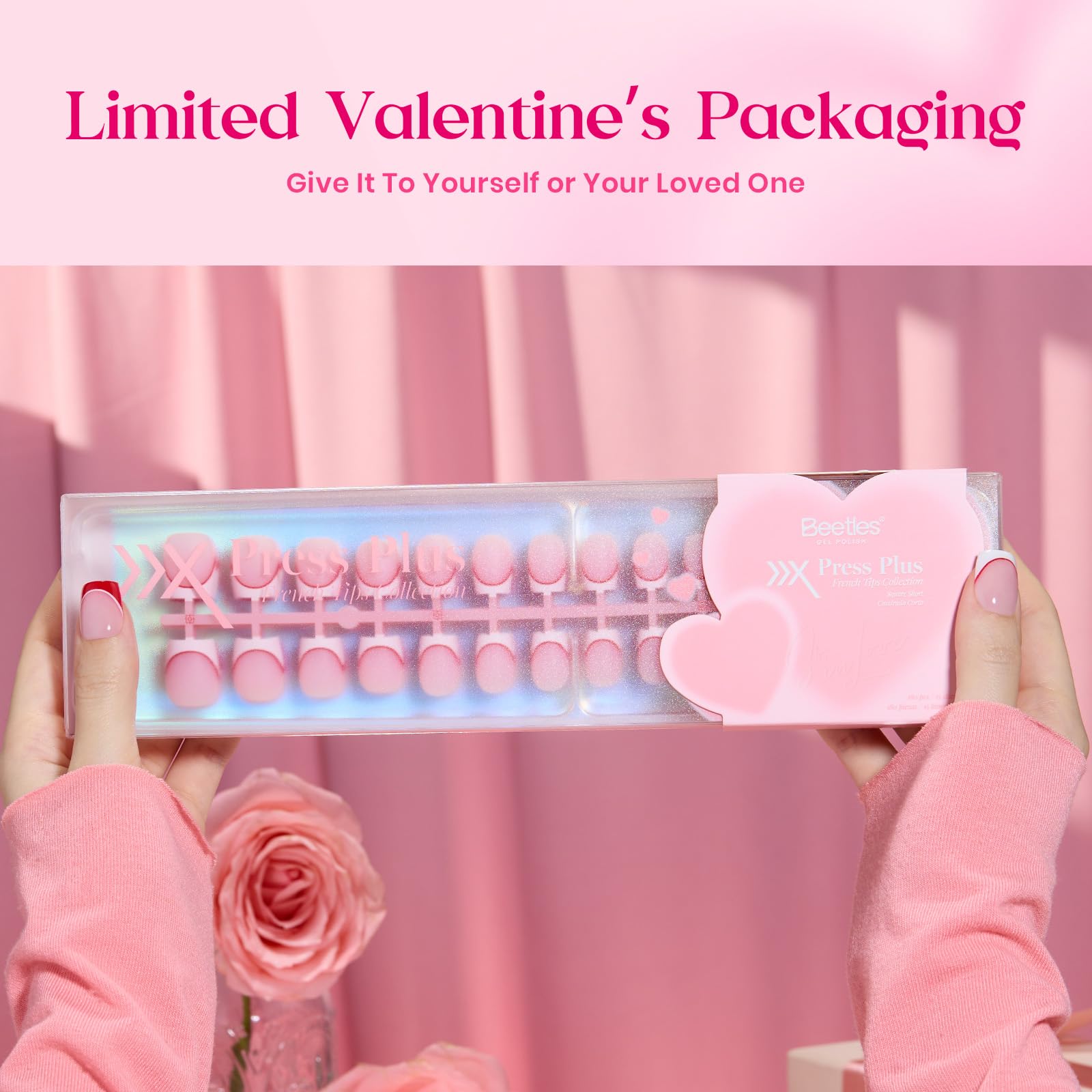 Beetles Valentine Nails Heart Whisper - 15 Sizes 180 Pcs 3 Colors Short Square French Tip Press On Nails