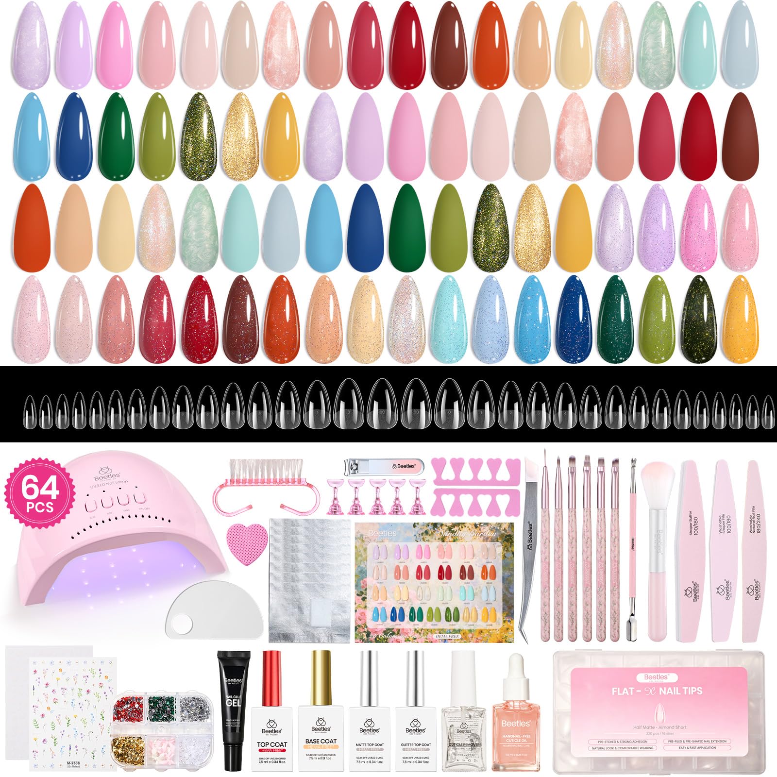 Beetles Gel Nail Starter Kit Sunday Garden HEMA-FREE Summer Nails 64Pcs 25 Colors Pink Nude Blue Nail Art All-in-One Mani Kit