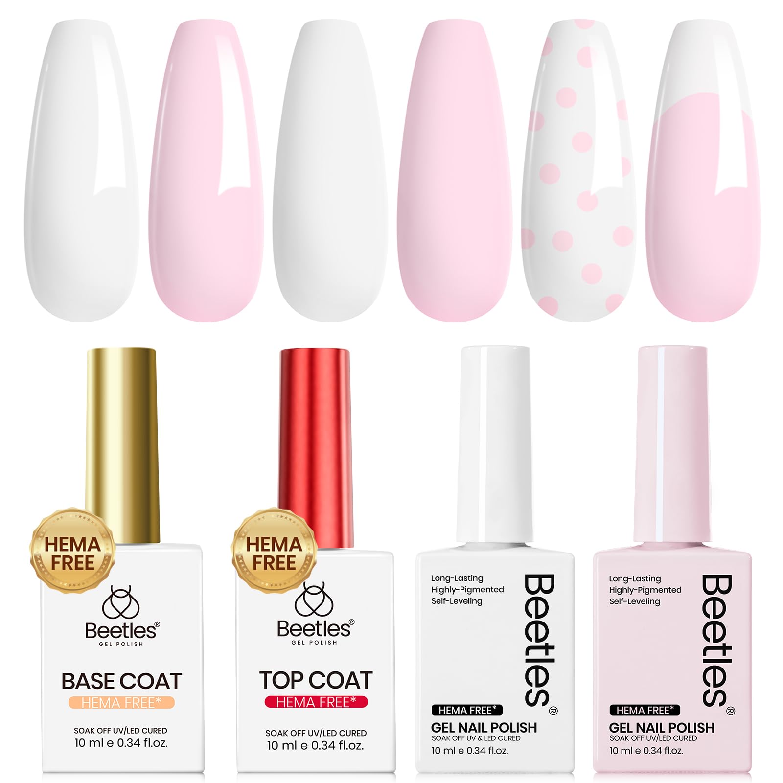 Beetles Pastel Gel Polish Set - Petal Ivory, 4Pcs White & Pink Gel Nail Polish with Base Coat Top Coat, Soak Off UV LED Lamp French Nails Art for Spring Nails