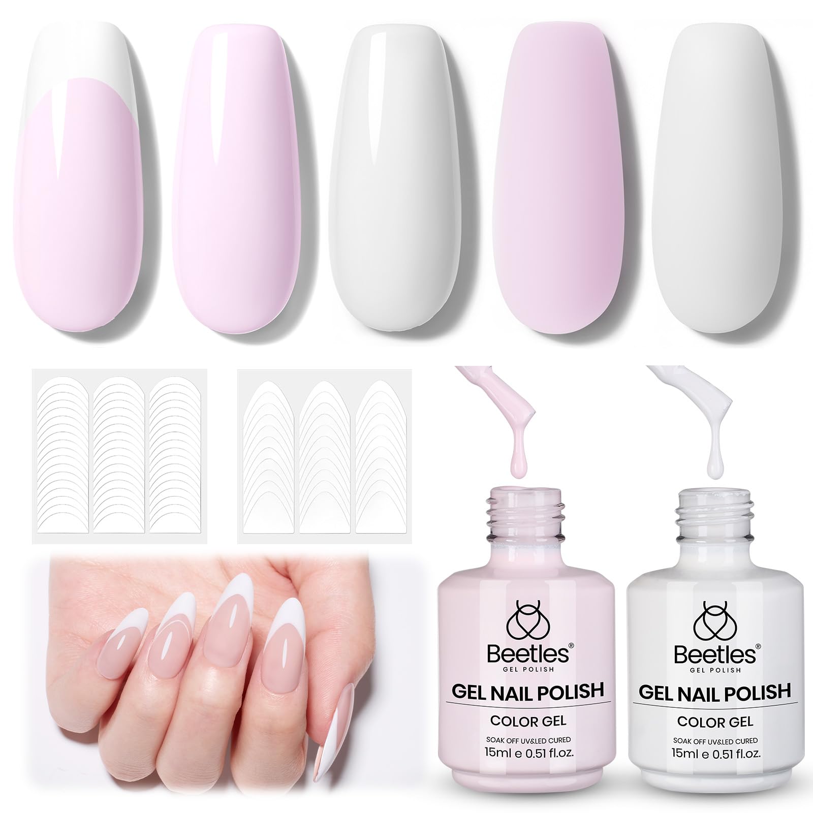 Beetles French Tip Gel Polish Set - White Nude Pink Gel Nail Polish Set Soak Off UV LED with 2 Styles Classic French Nail