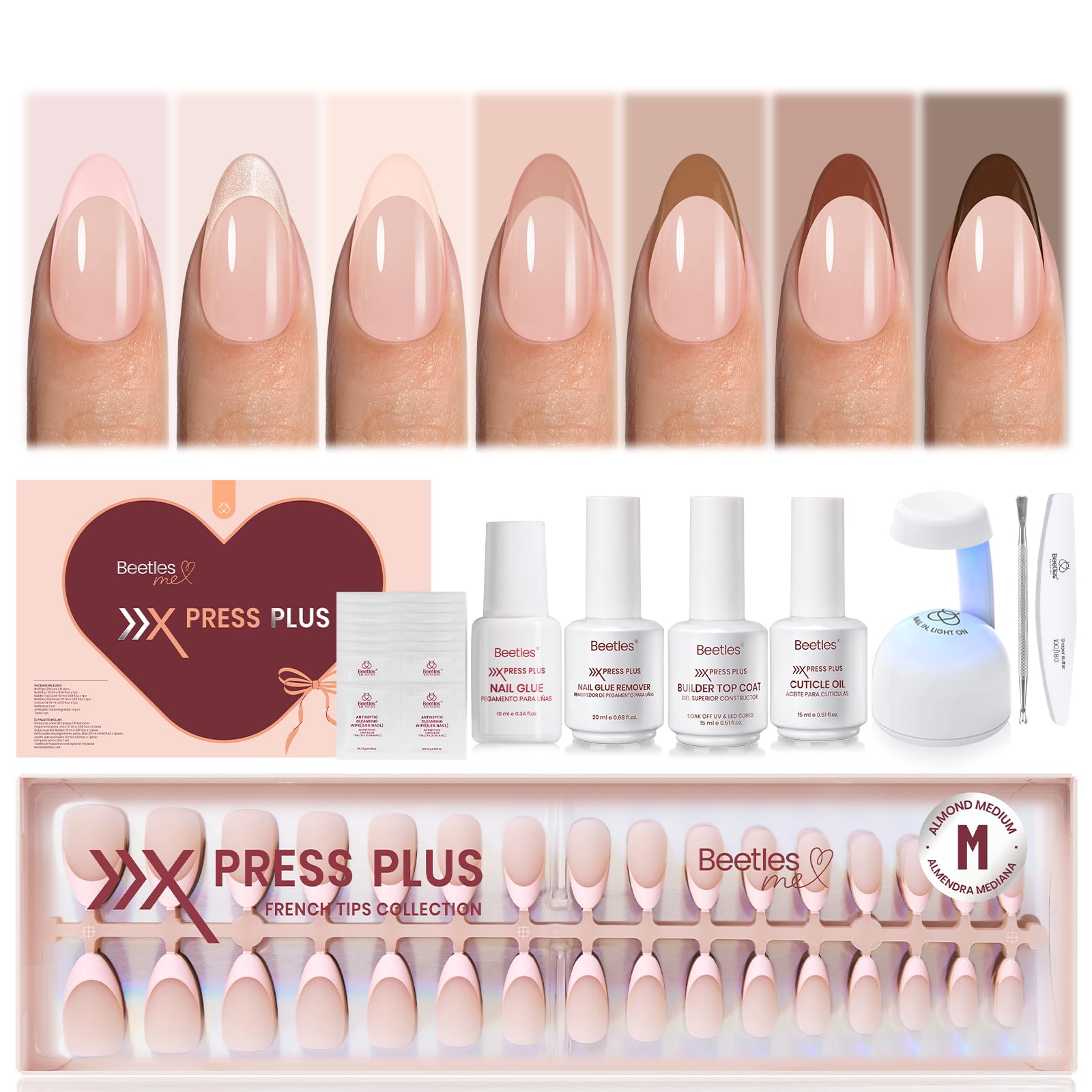 Beetles Press On Nails Kit - Nails Cappuccino Mousse French  224Pcs 16 Sizes 7 Colors Medium Almond French Tip Press On Nails