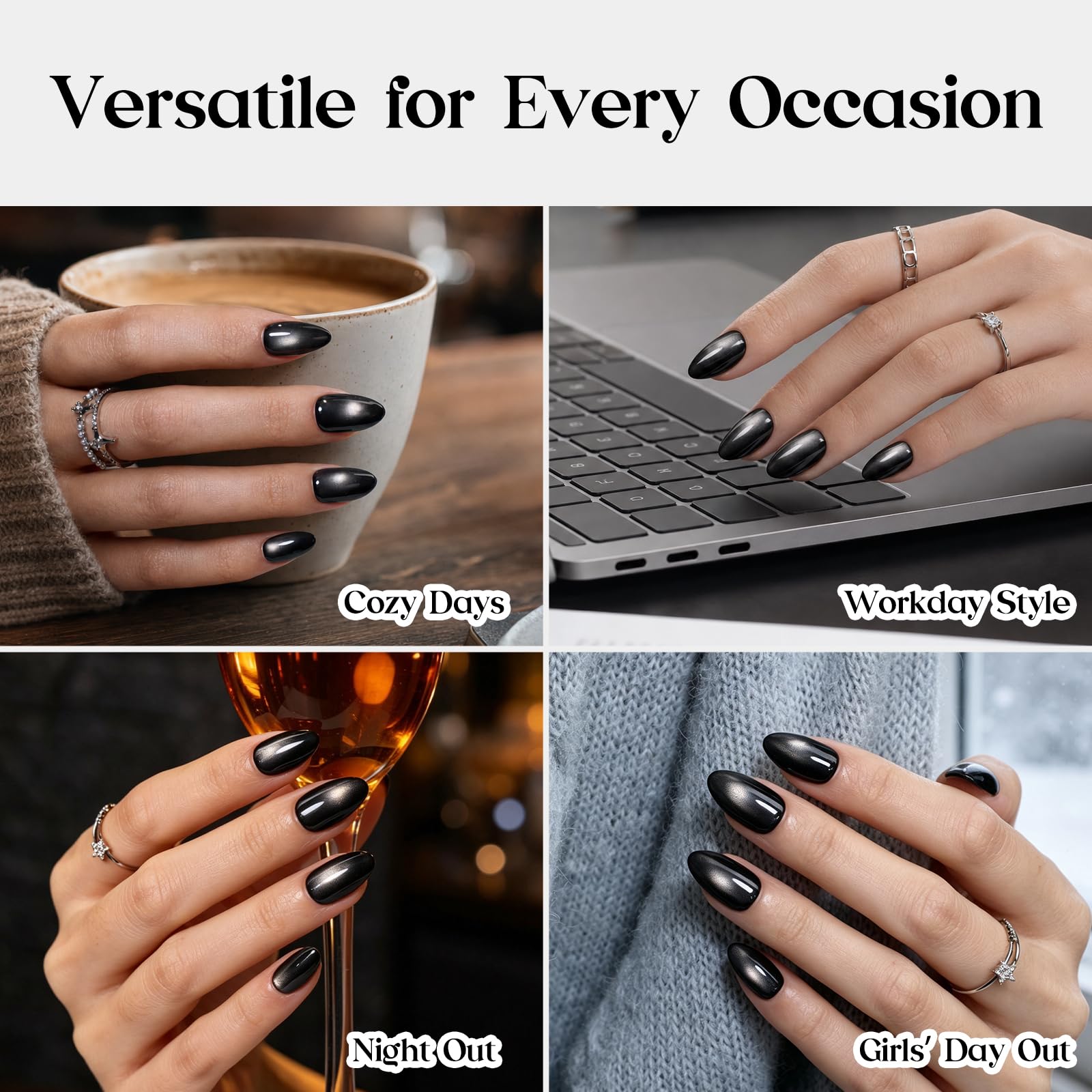 Beetles Pre-designed Cat-Eye tips Black Press On Nails 96 Pcs Matte Short Almond 16 Sizes