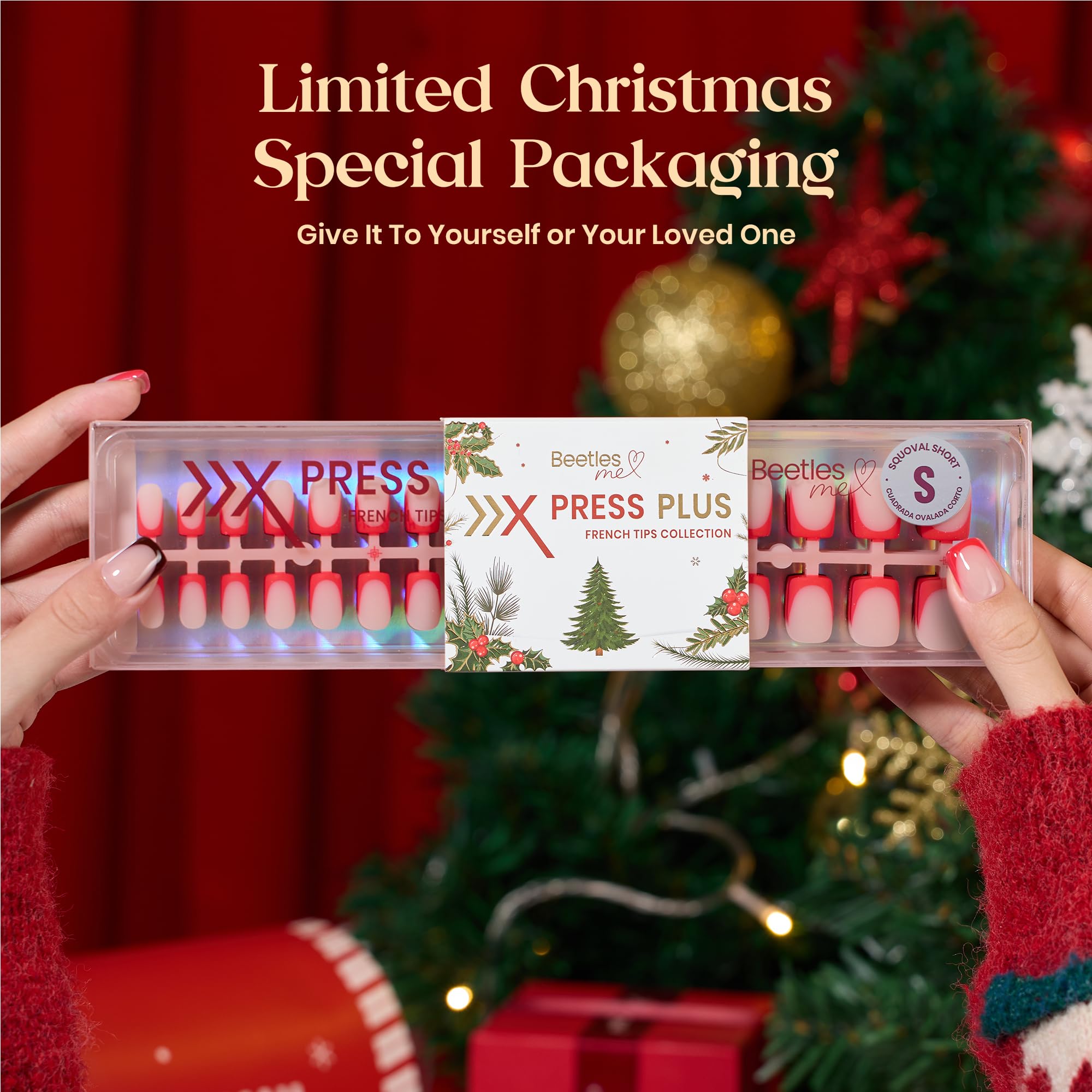 Beetles X Press Plus Red French Tip Nails Crimson French - 5 Colors Christmas Press On Nails Short Square 160Pcs 16 Sizes