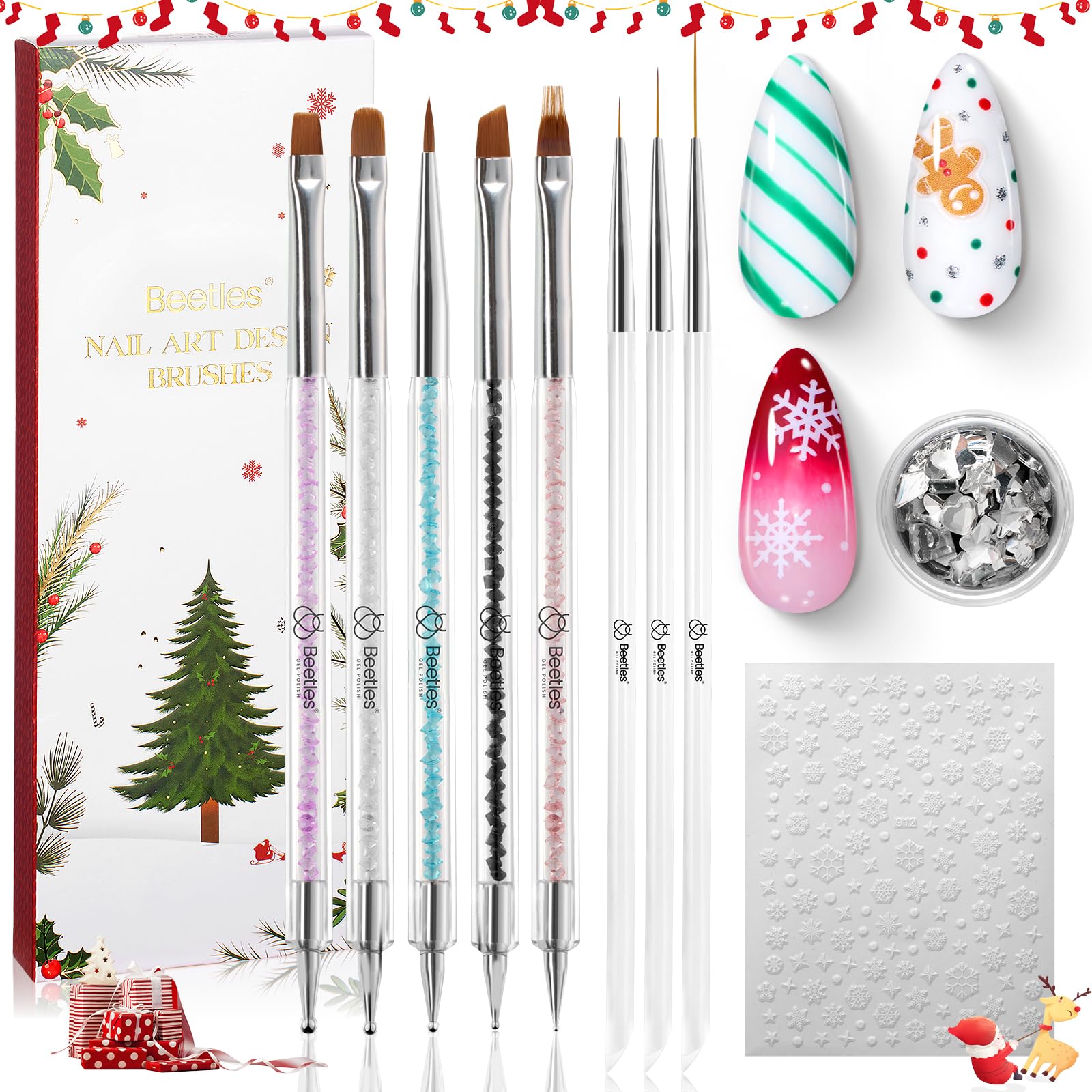 Beetles Christmas Nail Art Brushes 8pcs – Crystal Christmas Nail Art Tools