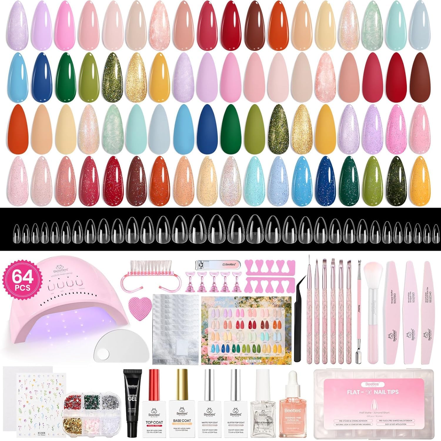 Beetles Gel Nail Starter Kit Sunday Garden HEMA-FREE Summer Nails 64Pcs 25 Colors Pink Nude Blue Nail Art All-in-One Mani Kit